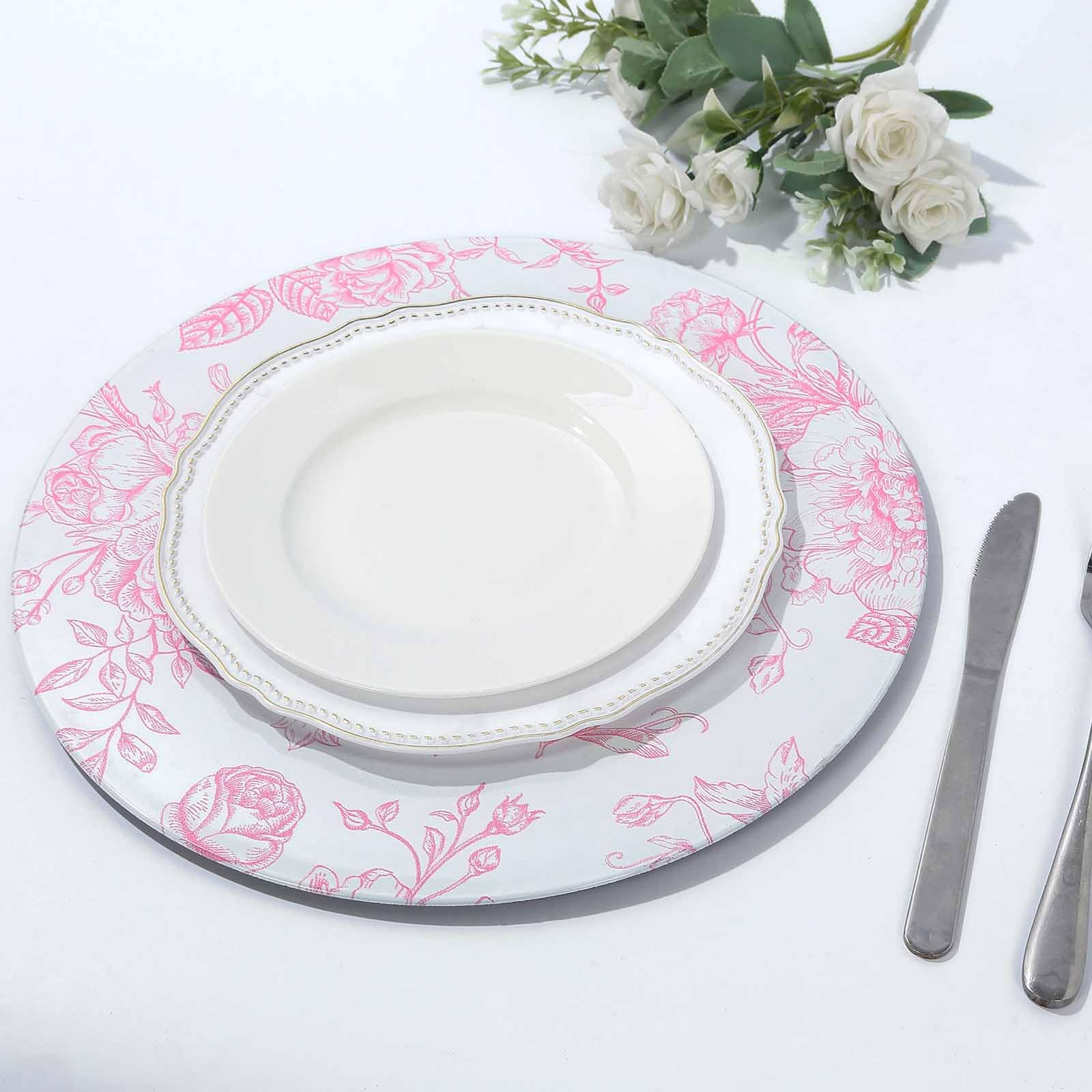 Efavormart 6-Pack White & Pink Floral Acrylic Charger Plates - French Toile Pattern Round Dinner Plates for Weddings, Parties & Events (13 Inch) - Elegant Table Decor for Dining & Special Occasions