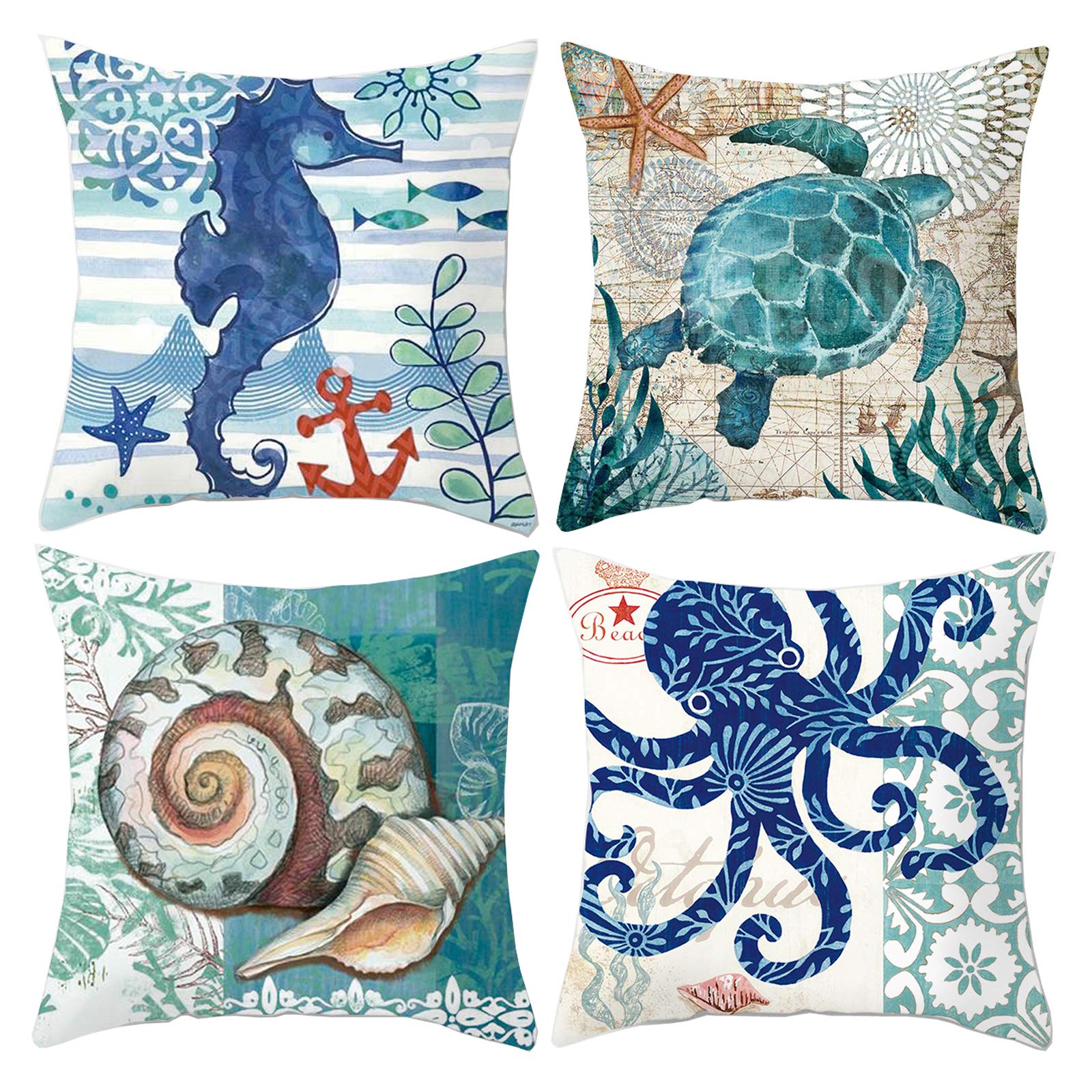 Premium HOSTECCO Ocean Throw Pillow Covers Set of 4 - 18x18 Inch Mediterranean Style Decorative Cushion Covers for Sofa, Couch & Bed - Coastal Home Decor, Living Room Accent Pillows