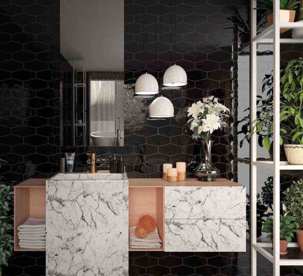 Hexagon Tile Glossy Black 4x8 Inch Long - Peel and Stick Backsplash for Kitchen, Bathroom, and Shower Wall Decor