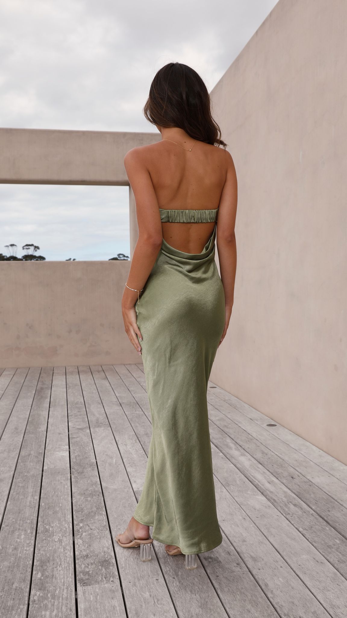 Gisele Maxi Dress for Women - Olive Green Flowy Long Dress with Side Slits, Summer Beach Wedding Party Wear - Perfect for Vacations, Date Nights & Outdoor Events