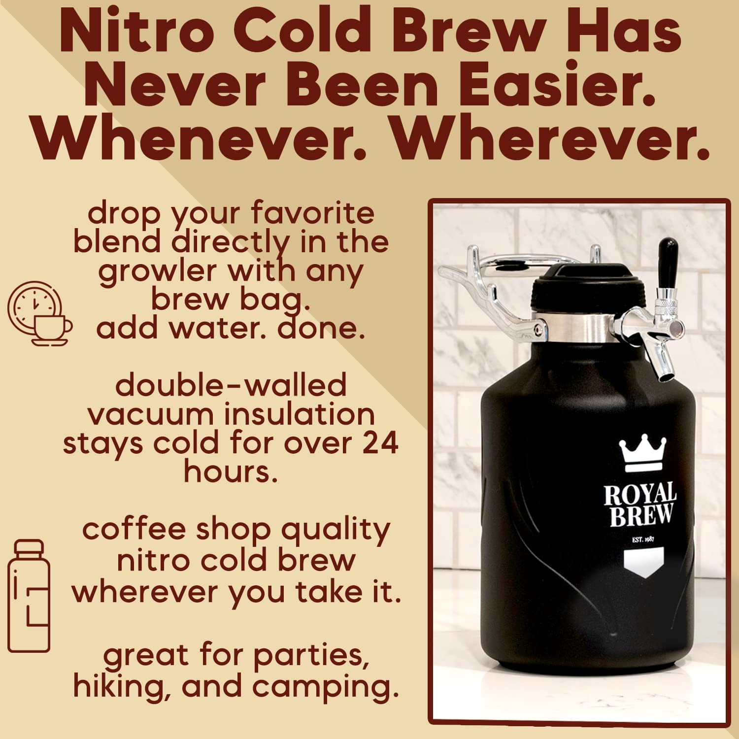 Royal Brew Nitro Cold Brew Coffee Maker Kit System - Premium Home Coffee Brewing Equipment for Rich Smooth Nitro Coffee | Perfect for Office, Cafe & Gift Giving