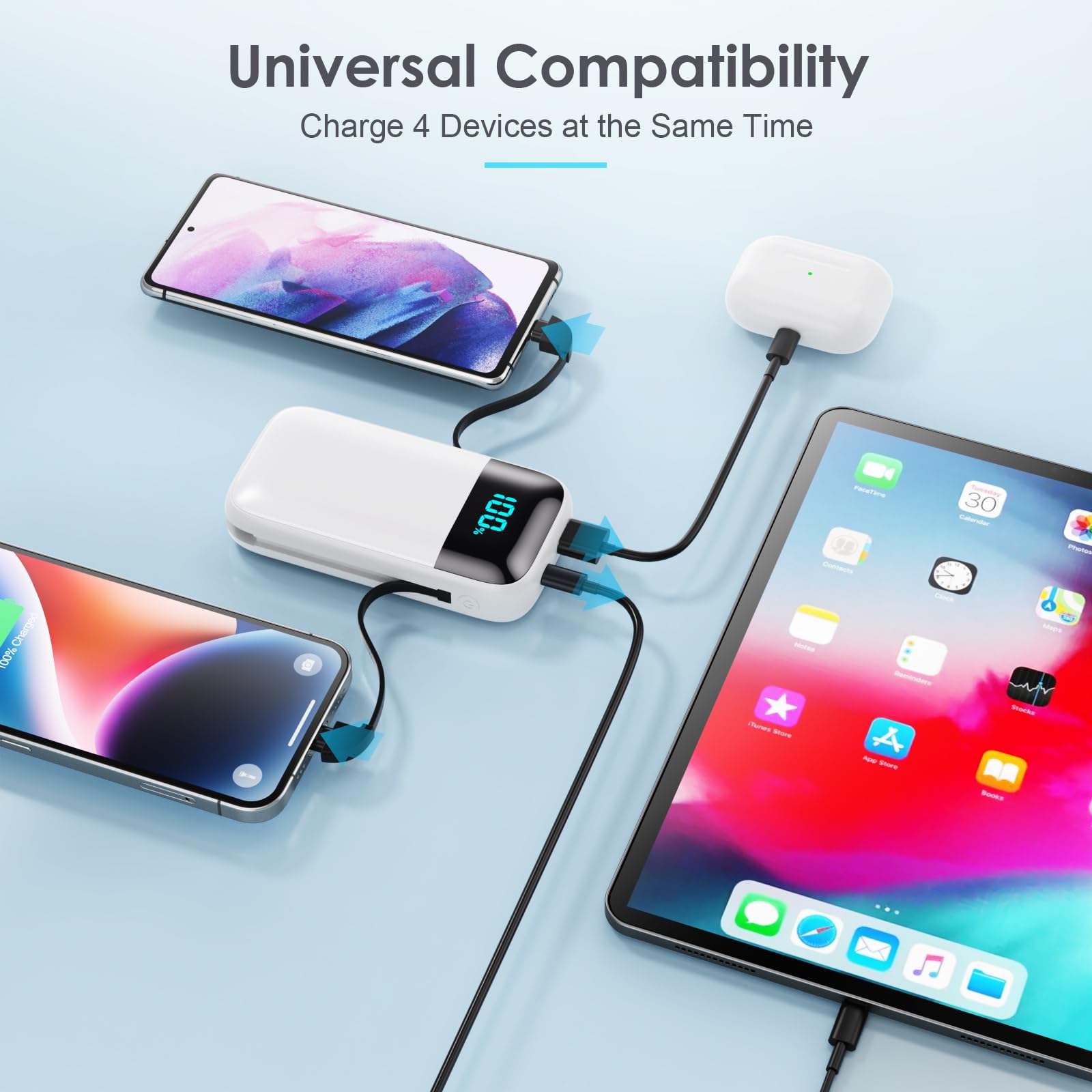13800mAh PD Fast Charging Power Bank with Built-in Cables - Ultra Compact Portable Charger with LCD Display, 4 Outputs USB C Battery Pack for iPhone, Samsung & Android Phones (White) | Perfect for Travel, Camping & Emergency Charging