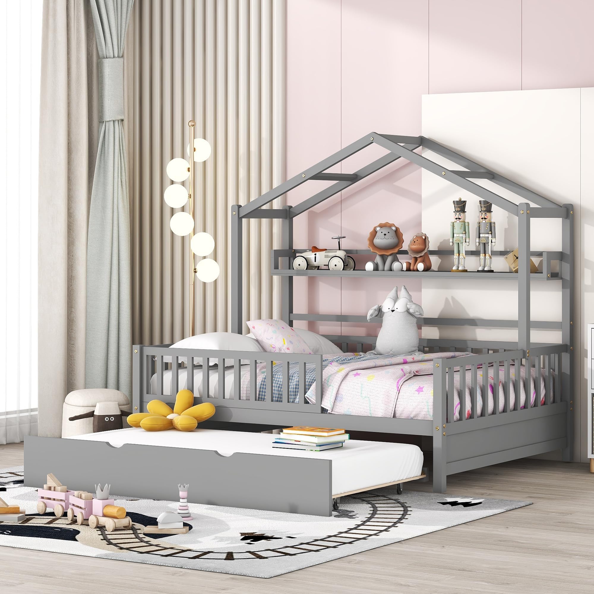 **Montessori Full Size House Bed with Trundle & Storage Shelves - Solid Wood Playhouse Bed Frame for Kids, Teens, Boys & Girls - Gray Platform Bed with Roof & Tent Design - Perfect for Bedrooms, Playrooms & Montessori Learning Spaces**