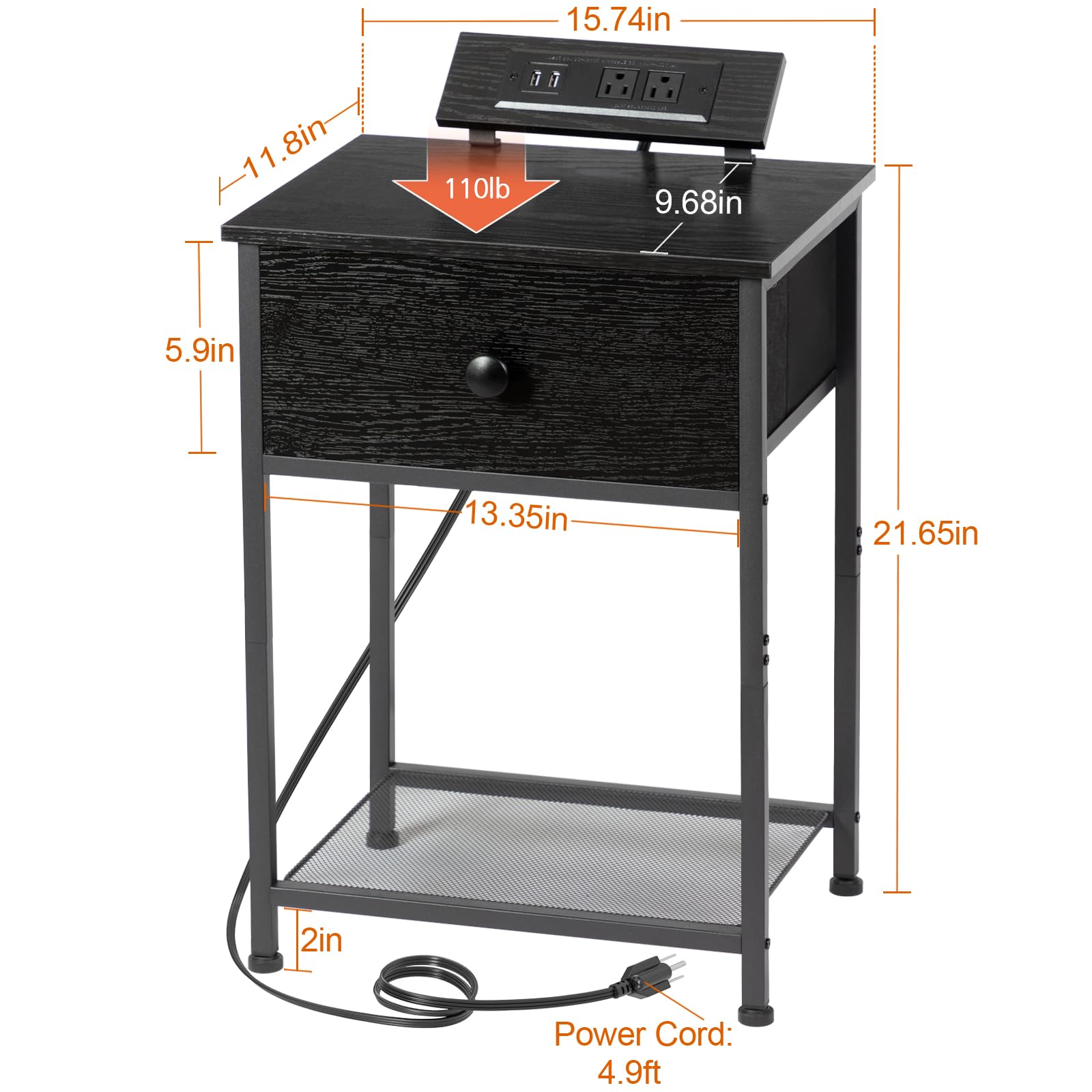 AMHANCIBLE Night Stand Set of 2 - Black Bedside Tables with Charging Station & Fabric Storage Drawer - Slim End Tables for Small Spaces - Perfect for Bedroom, Living Room & Dorm Use