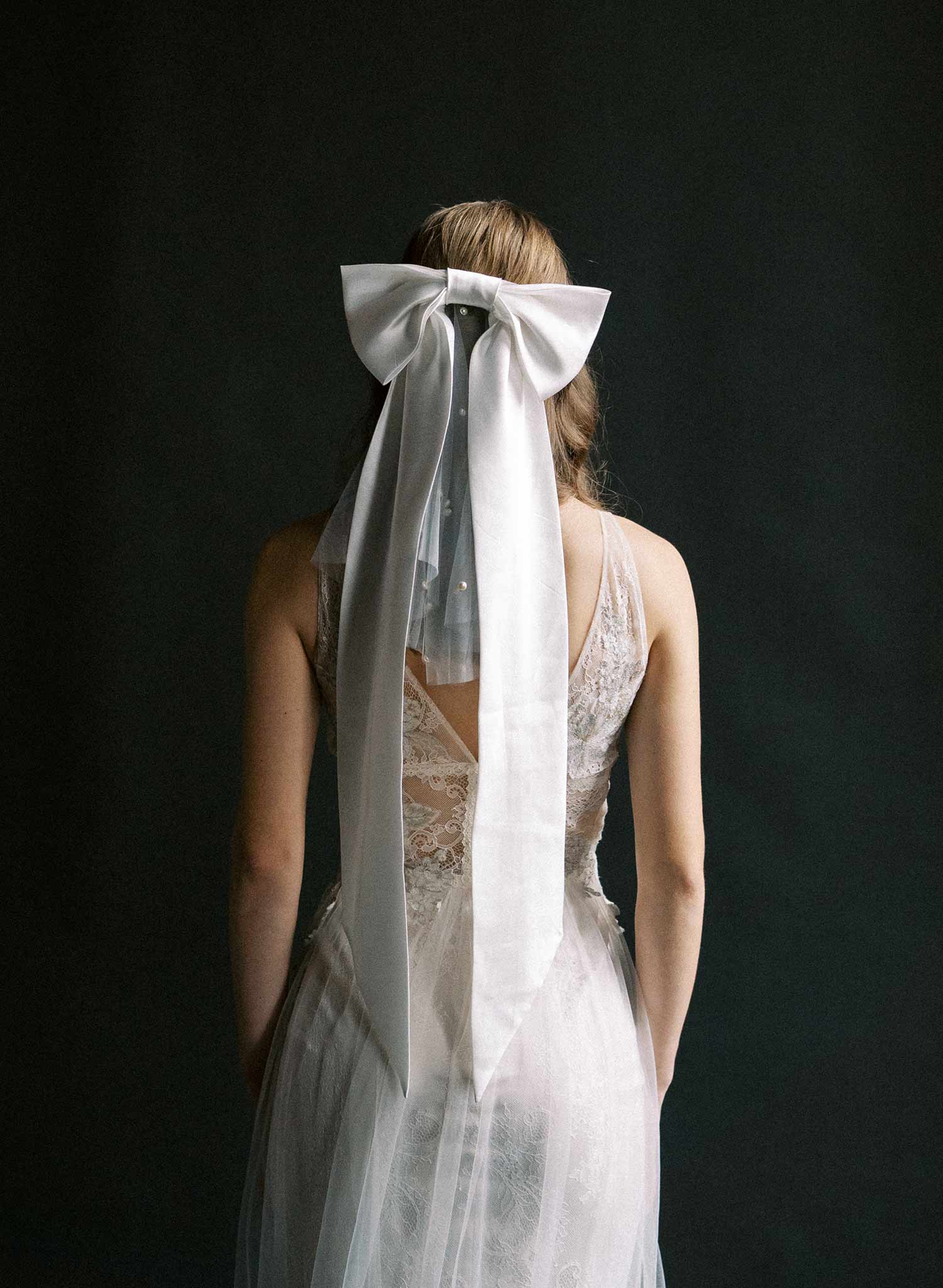 Elegant Silk Wedding Hair Bow with Long Tails & Pearl Mini Veil - Style #2575 | Perfect for Bridal Accessories, Bridesmaids & Special Occasions
