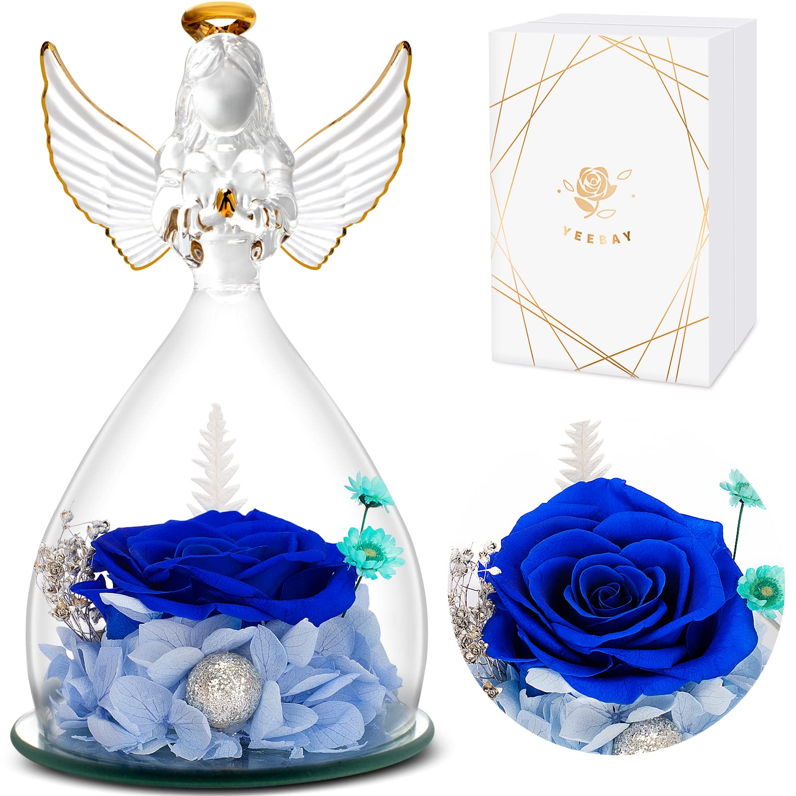 YEEBAY Preserved Rose Flower Gift Set with Angel Figurine - Perfect Birthday, Anniversary, Wedding, Valentine's, Christmas & Thanksgiving Gift for Women, Mom, Wife, Grandma - Elegant Home Decor & Romantic Present for Special Occasions