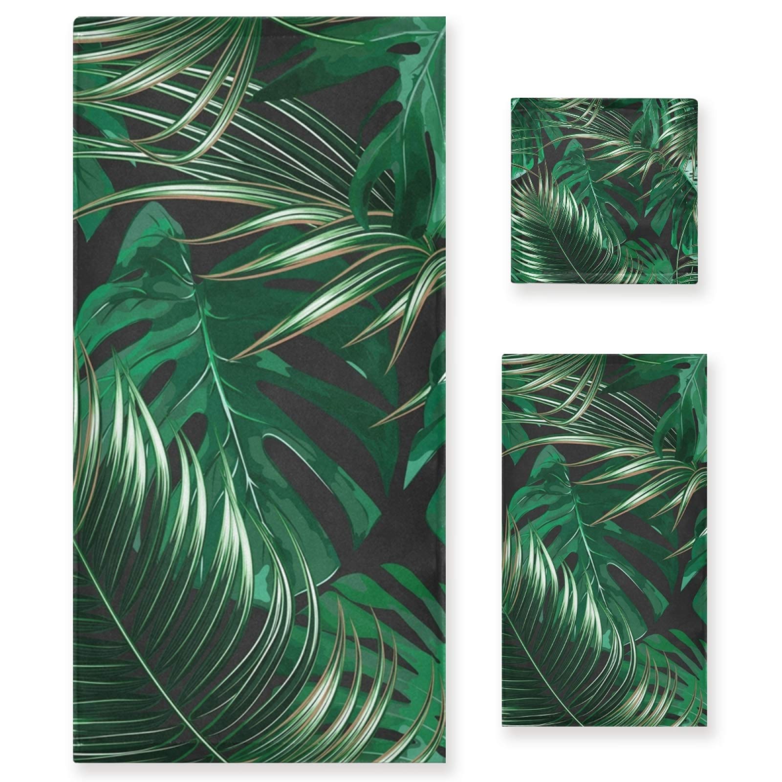 Premium 3-Piece Cotton Bath Towel Set - Soft & Absorbent for Women & Men - Includes 1 Bath Towel, 1 Hand Towel & 1 Washcloth - Green Palm Leaf Design - Perfect for Bathroom, Spa & Beach Use