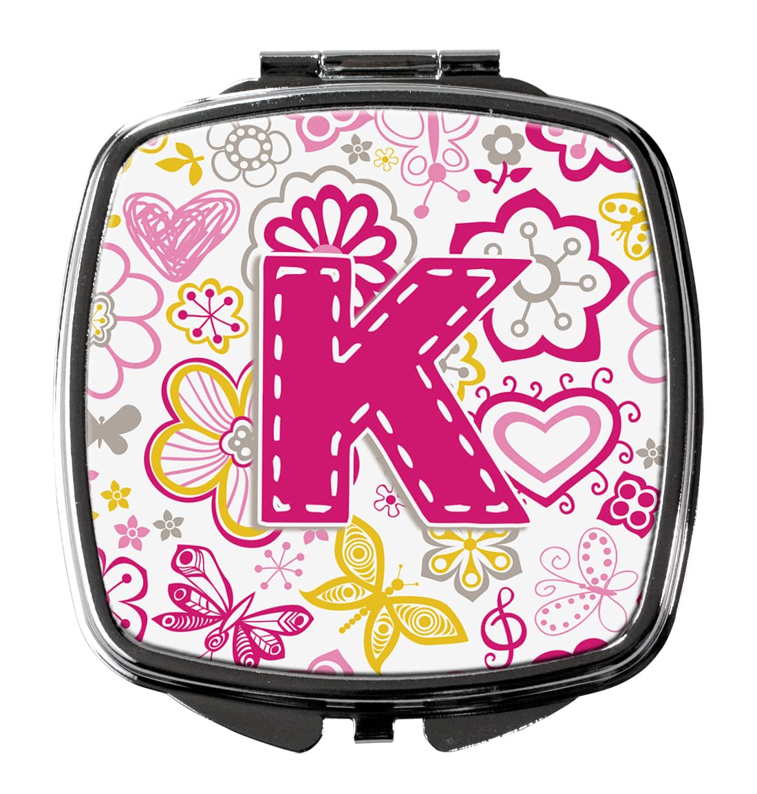 Caroline's Treasures CJ2005-KSCM Floral Letter K Compact Mirror - Pink Butterfly Design, Folding Travel Makeup Mirror for Women & Girls, Perfect Gift Idea for Birthdays, Handheld Pocket Mirror for Home, Office & Travel Beauty Essentials