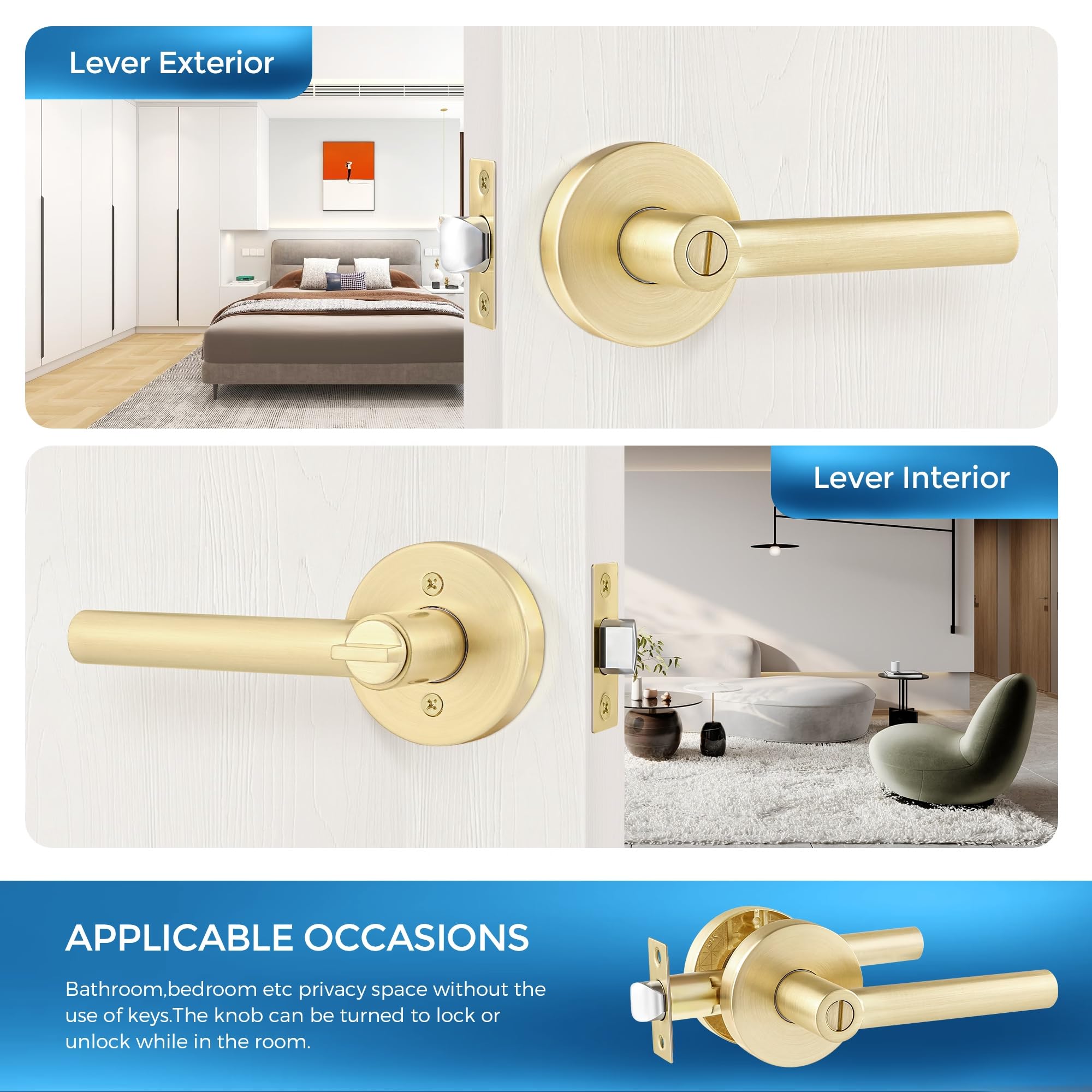 Leydebong 4 Pack Gold Privacy Door Handles - Bed & Bath Lever Door Locks (Left/Right Handed) in Satin Brass Finish - Perfect for Bedrooms, Bathrooms & Interior Doors