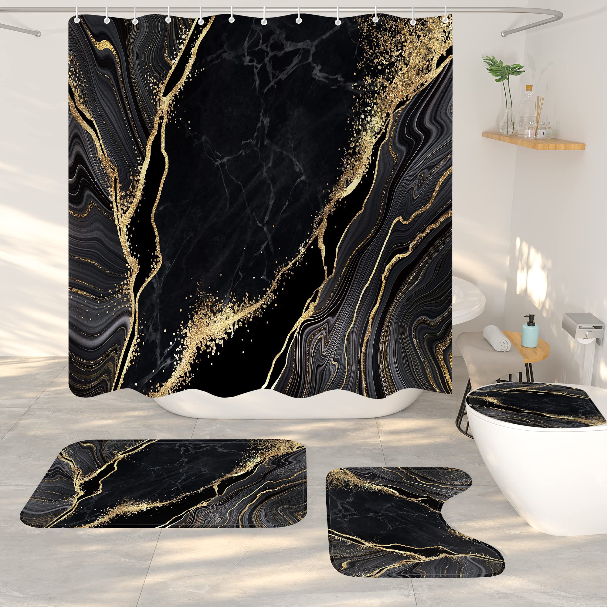 Black Marble Shower Curtain Set - 4 Piece Modern Bathroom Decor with Waterproof Shower Curtain, Non-Slip Bath Mat, Toilet Lid Cover & 12 Gold Hooks - Elegant Bathroom Accessories for Spa-Like Shower Experience