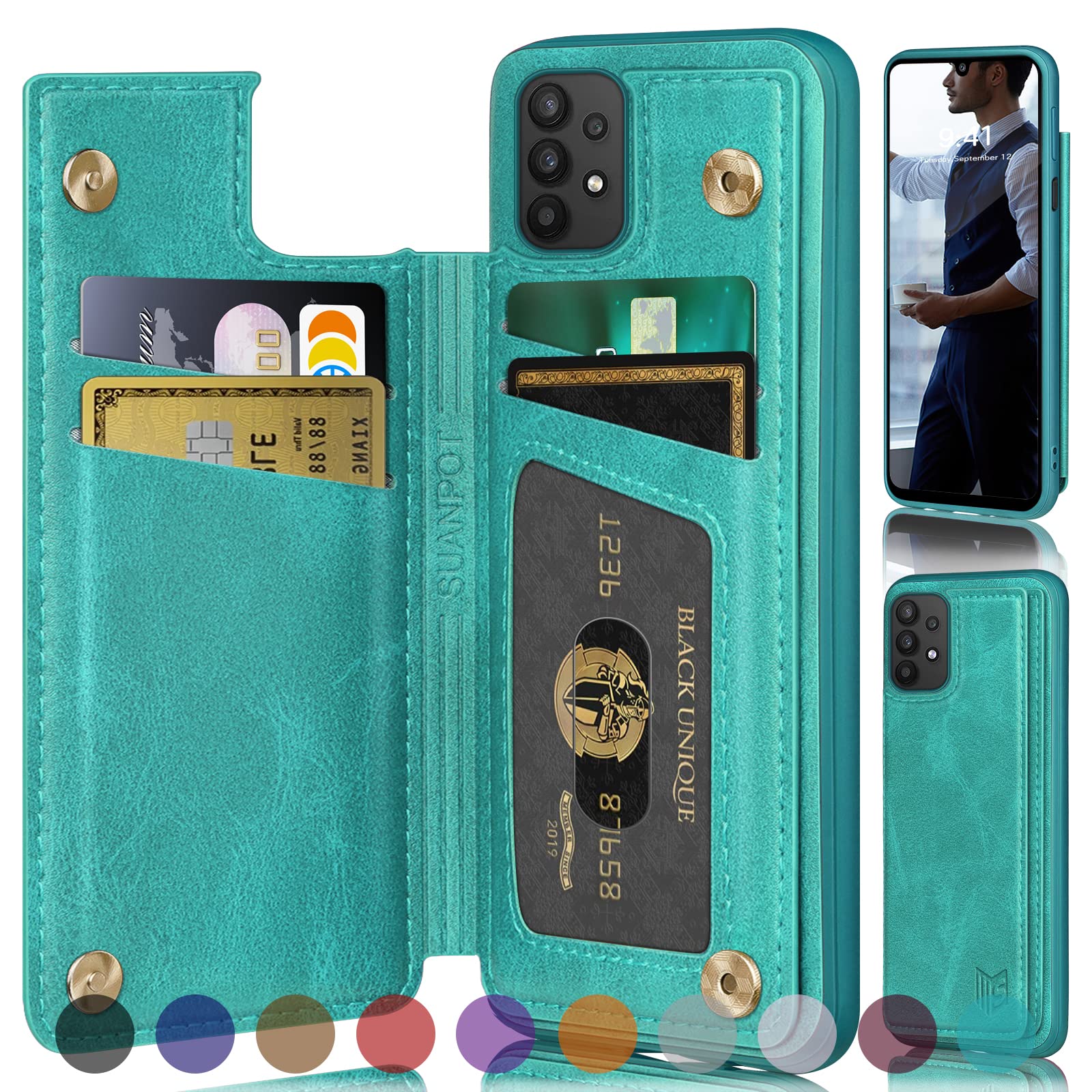 RFID Blocking Samsung A32 5G Wallet Case - PU Leather Flip Cover with Card Holder for Men & Women (Blue Green) - Perfect for Travel & Daily Use