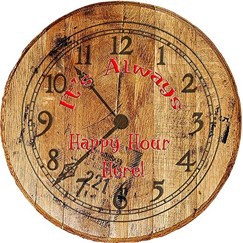 Whiskey Barrel Head Clock - Rustic Wooden Wall Decor for Home Bar, Man Cave & Living Room - Unique Always Happy Hour Bar Sign - Perfect Gift for Whiskey Lovers & Home Decor Enthusiasts