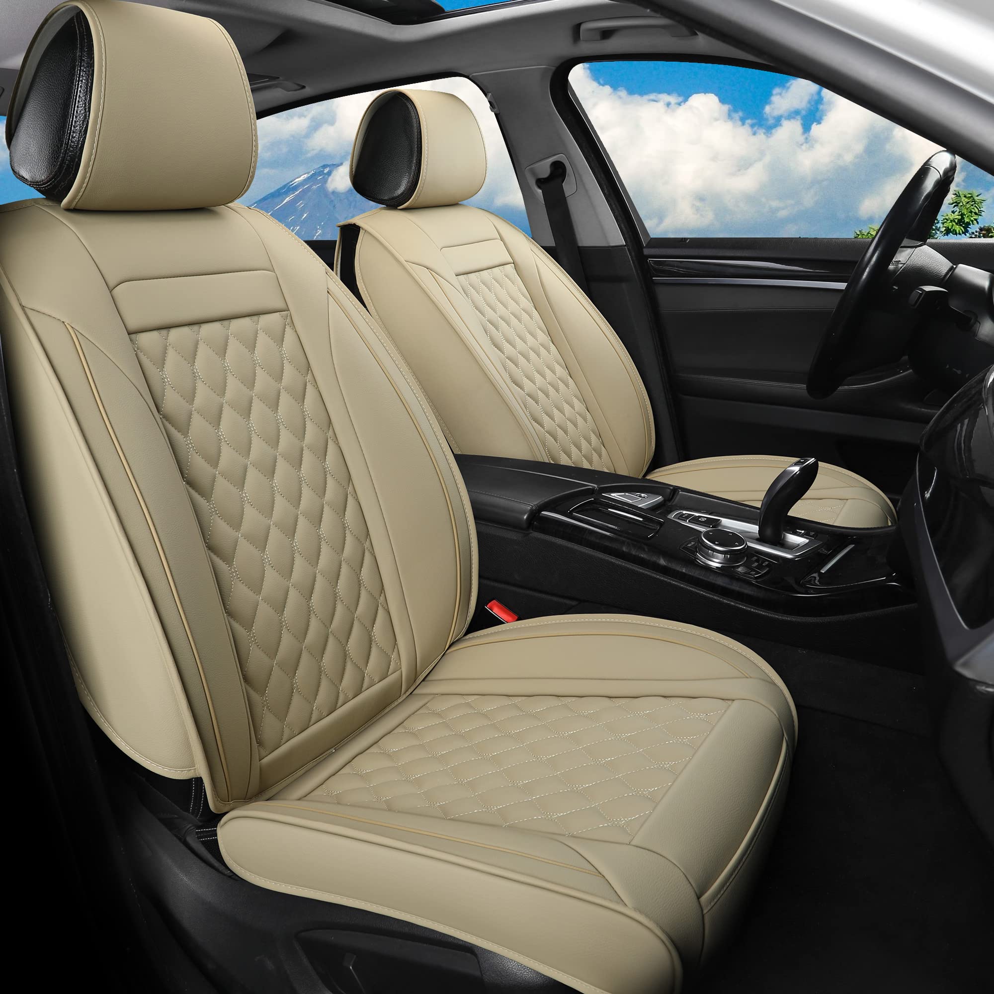 Universal Fit Car Seat Covers Front Pair - Faux Leather Auto Cushion for Most Cars, SUVs, Sedans & Trucks (Beige) | Perfect for Daily Commute, Road Trips & Vehicle Protection