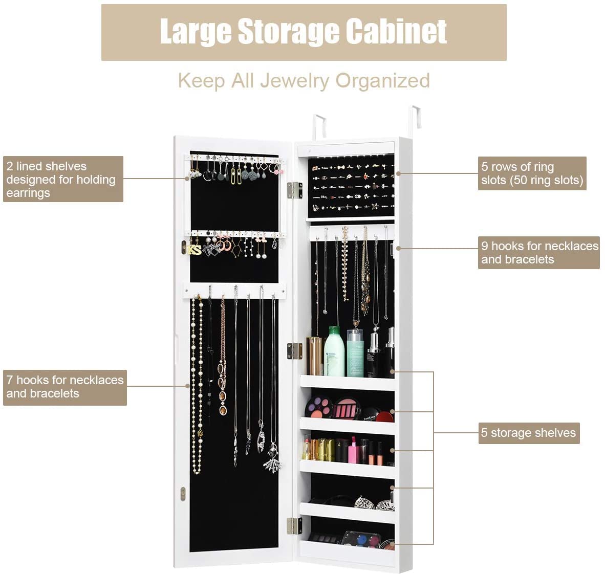 Byroce Jewelry Armoire Cabinet with Full Length Mirror - Lockable Over The Door Jewelry Organizer with 12 LED Lights for Women & Girls - Perfect for Bedroom, Closet or Dressing Room Organization