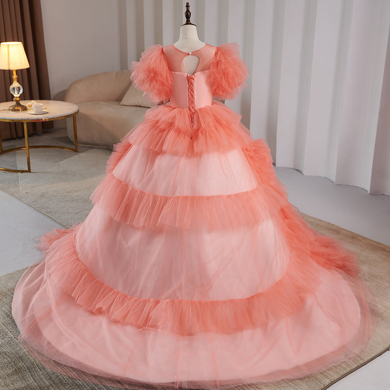 Pink Tulle A-Line Flower Girl Dress with Lace & Puff Sleeves - Elegant First Communion, Wedding Party, Pageant & Special Occasion Dress for Toddler Girls