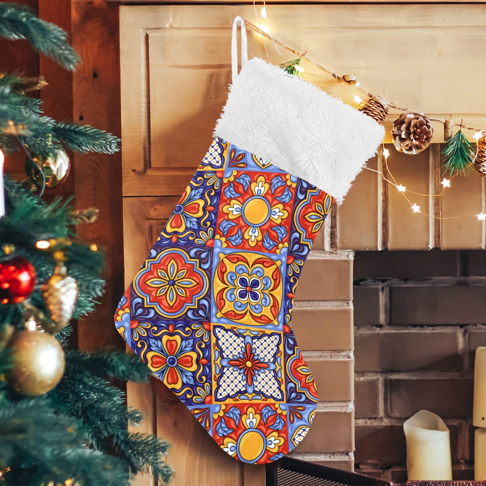 Personalized Mexican Talavera Christmas Stockings - 18 Inch Large Xmas Stockings with Cute Snowflake Design for Holiday Decorations, Family Parties & Christmas Gifts | Perfect for Fireplace Mantel, Tree Decor & Festive Home Decor