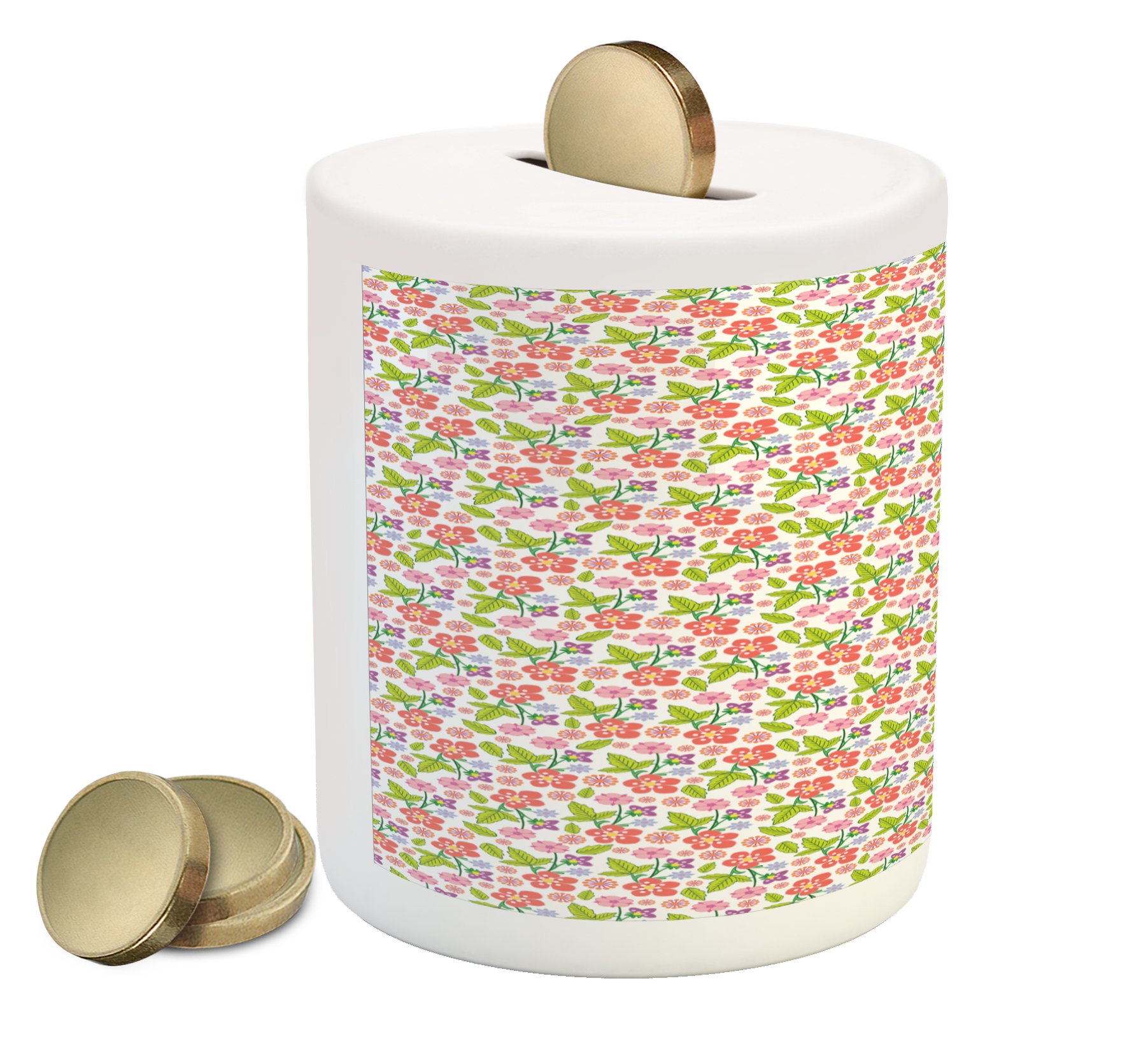 Ambesonne Floral Piggy Bank - Vibrant Spring Themed Ceramic Coin Bank with Colorful Plant Pattern & Romantic Bouquet Design for Cash Saving | Perfect Gift for Birthdays, Housewarming & Money Management (Multicolor)