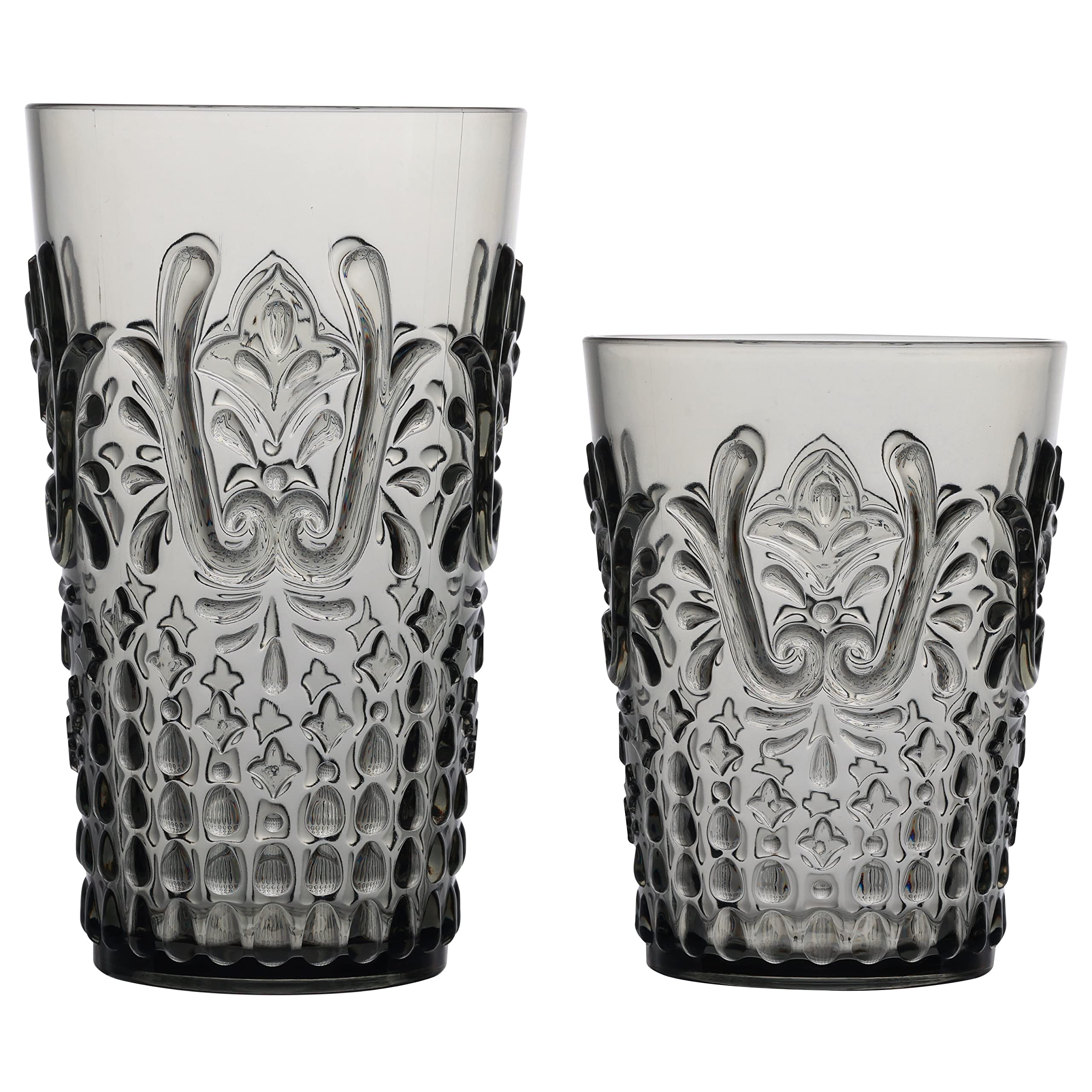 KLIFA BLOIS Acrylic Tumbler & Highball Drinking Glasses Set of 8 (15.2oz & 20.5oz) - BPA-Free Stackable Plastic Drinkware, Dishwasher Safe Vintage Style Cups in Gray-Black - Perfect for Parties, Home Bars, and Outdoor Gatherings