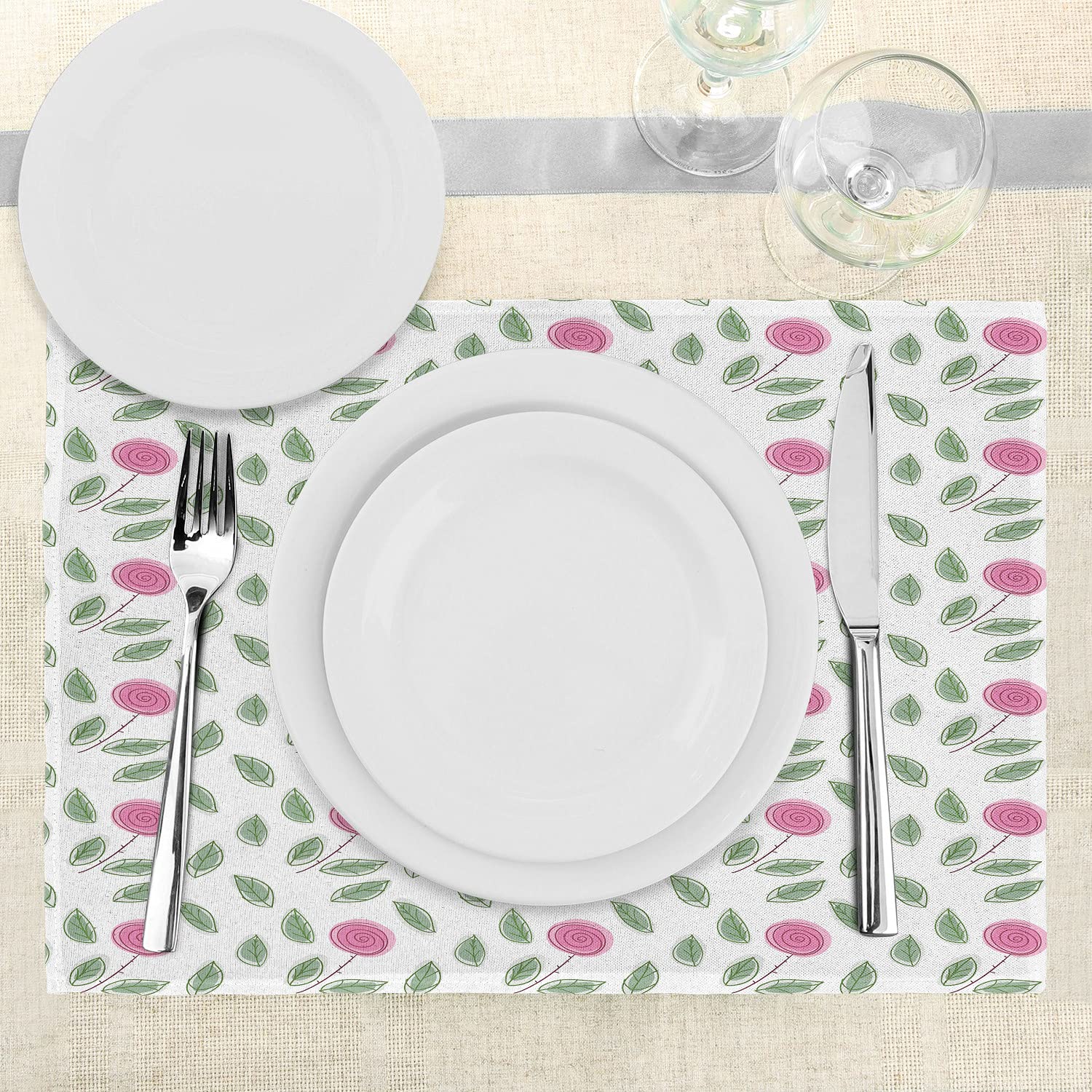Ambesonne Rose Place Mats Set of 4 - Modern Pink Rose Blossom Spiral Design with Green Leaves - Washable Fabric Table Mats for Dining Room & Kitchen Decor - Perfect for Dinner Parties, Holiday Gatherings & Everyday Use (Pink, Reseda Green, White)
