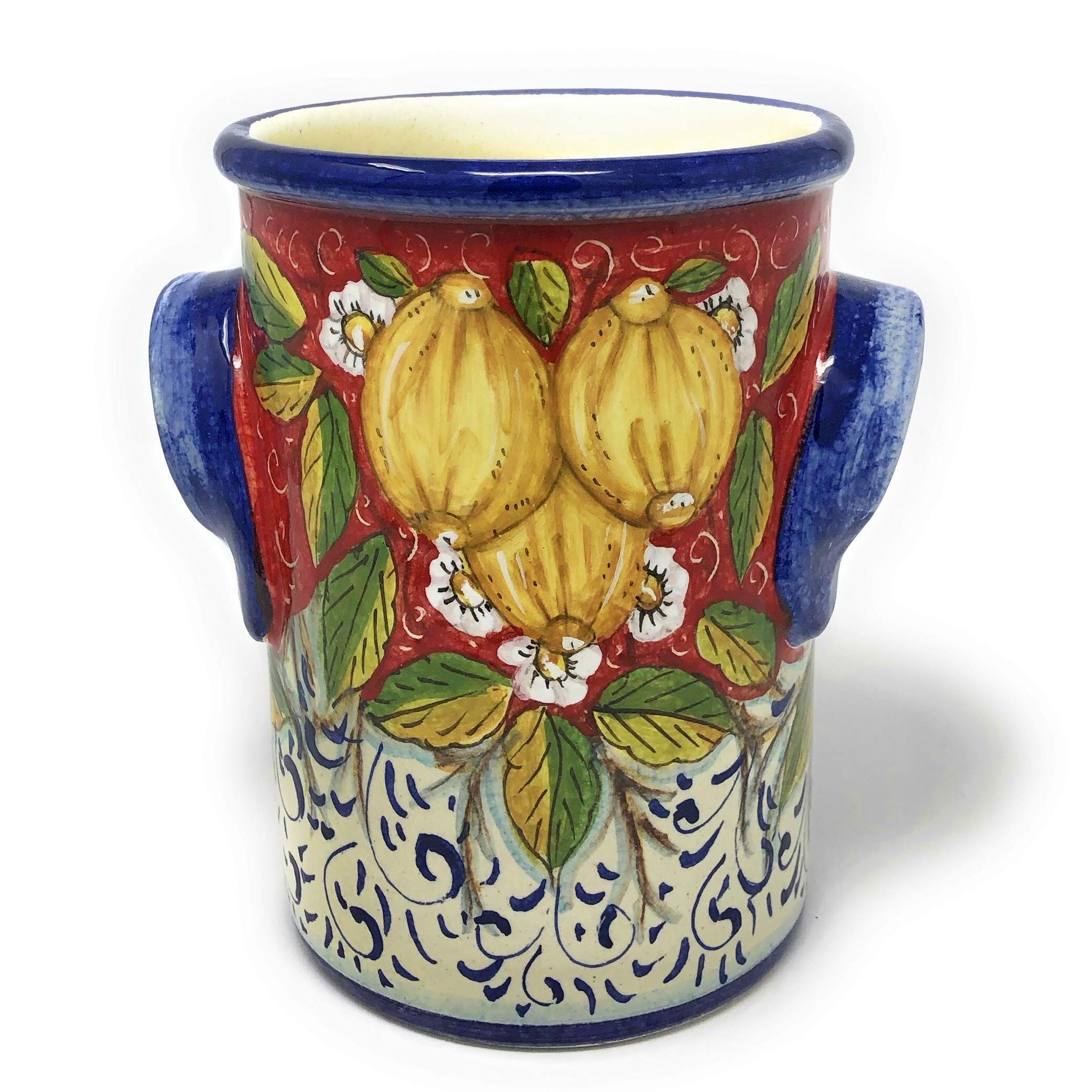 Hand Painted Italian Ceramic Utensil Holder & Wine Bottle - Tuscan Art Pottery with Three Lemons Design - Made in Italy - Perfect for Kitchen Decor & Wine Storage
