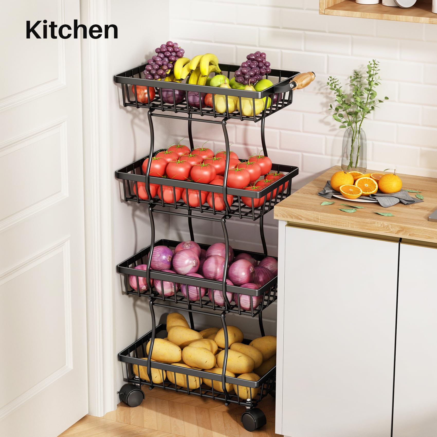 4-Tier Stackable Metal Wire Basket Organizer for Kitchen Pantry - Fruit, Vegetable, Snacks, Jars Storage | Space-Saving Home Organization for Countertop, Cabinet, or Refrigerator | Black