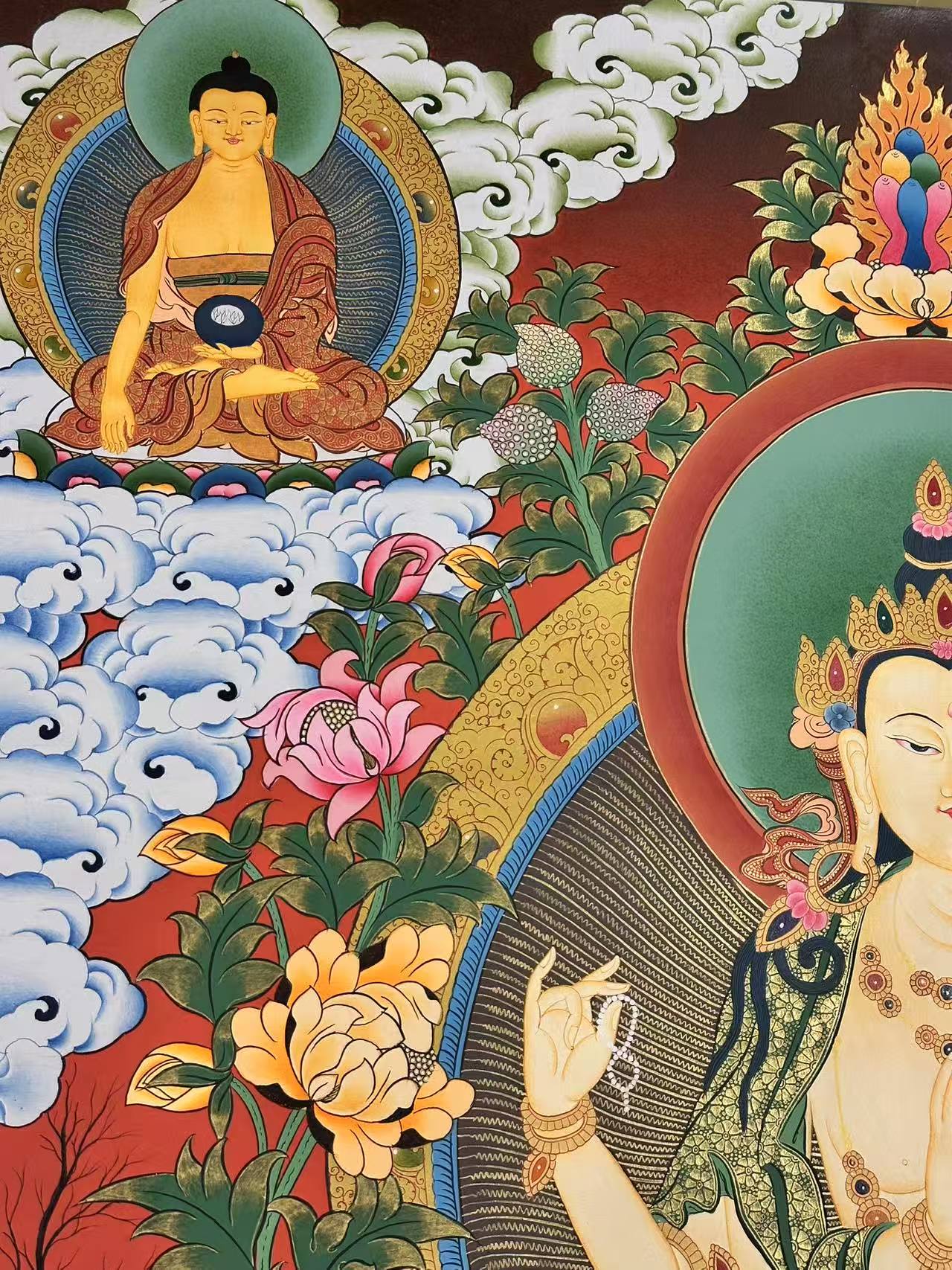 Exquisite Chenrezig Thangka Painting - Large Handmade Tibetan Buddhist Artwork for Home Altar, Meditation & Spiritual Decor