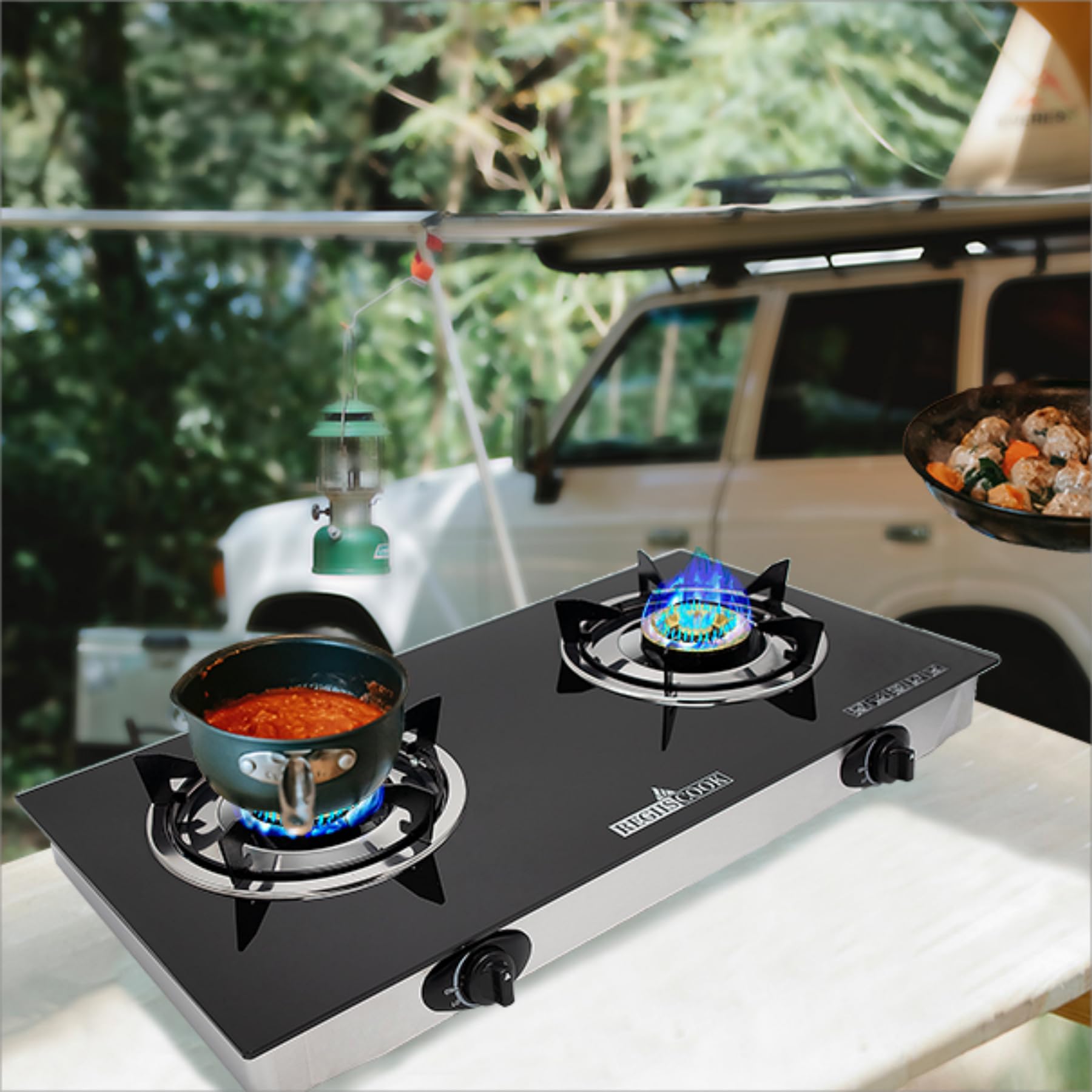 2 Burner Propane Gas Cooktop - Portable Camping Stove with Auto Ignition, Tempered Glass Countertop & Regulator - Perfect for Outdoor Cooking, RV Trips, and Backyard BBQs