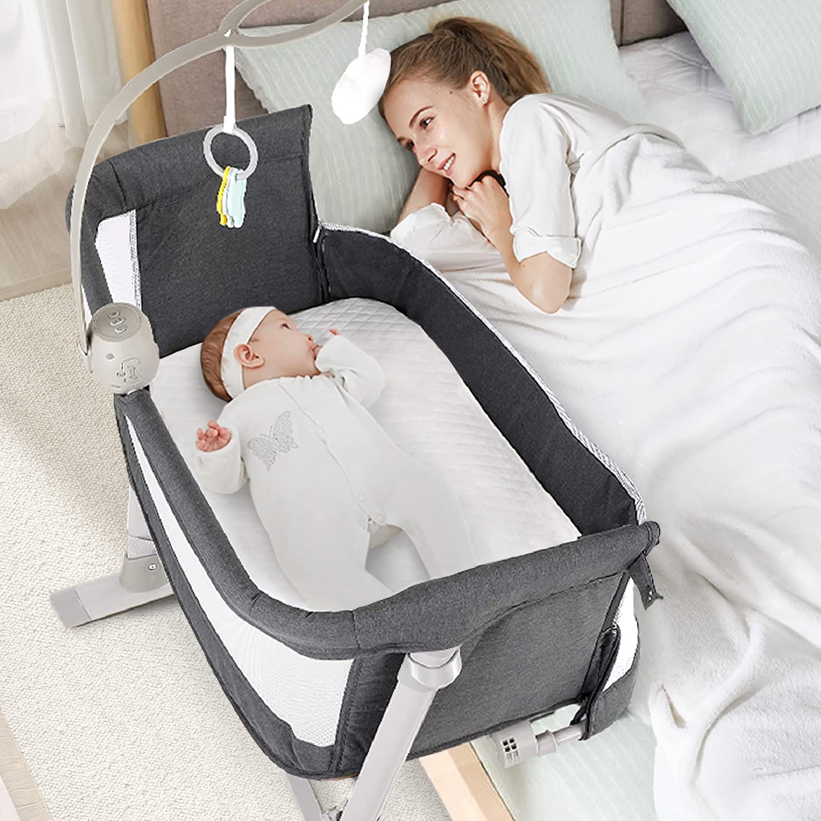 Uenjoy Adjustable Bedside Bassinet for Newborns & Infants - 9 Height Levels, Includes Mattress & Soothing Music Box - Dark Gray Baby Crib for Boys & Girls | Perfect for Nursery, Bedroom Co-Sleeping & Late Night Feedings