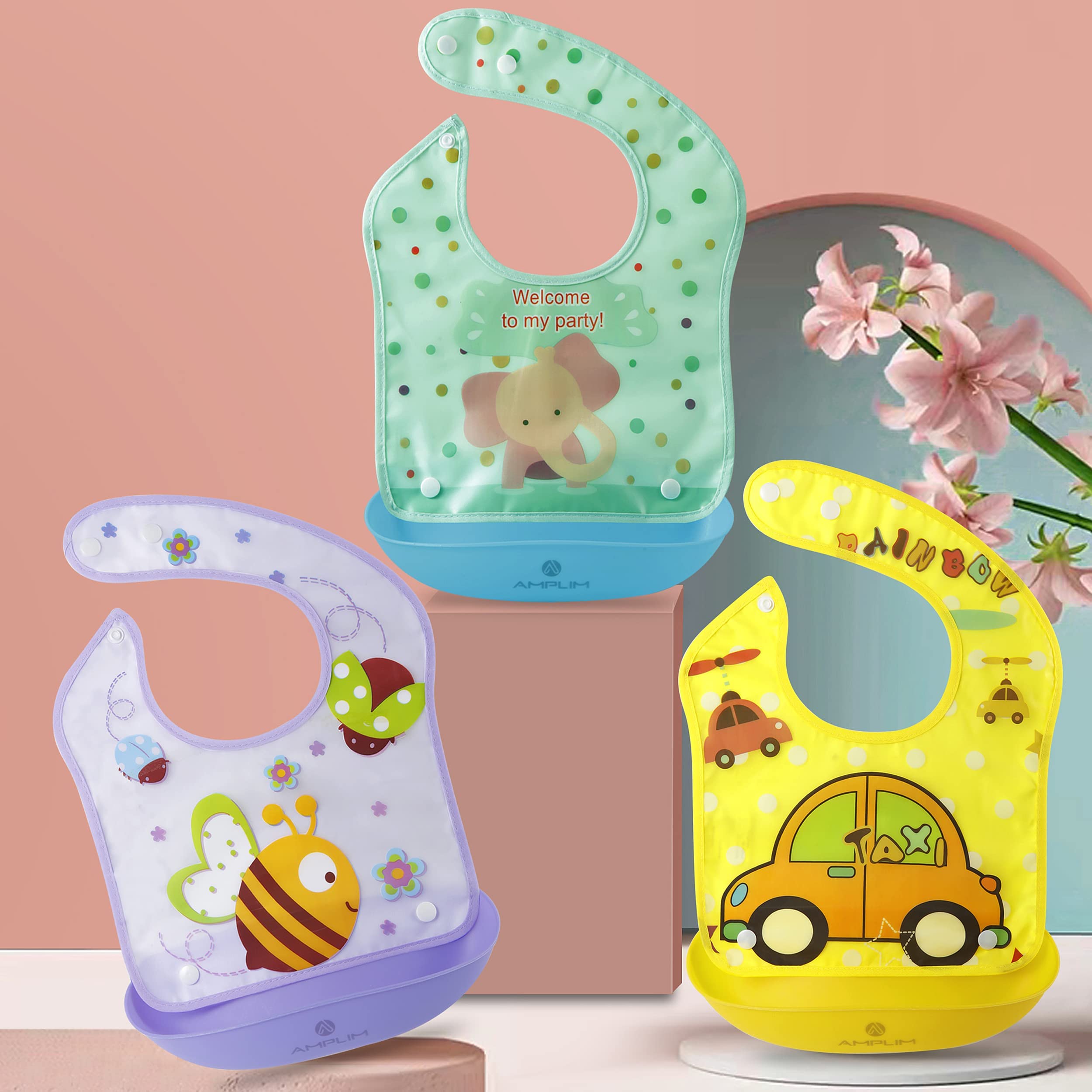 **Amplim Baby Feeding Bibs (3-Pack) – Waterproof, Adjustable & Lightweight Toddler Bibs for Messy Eaters – BPA-Free, Eco-Friendly PEVA Material – Safe for Babies – Perfect for Mealtime, Travel & Daycare**