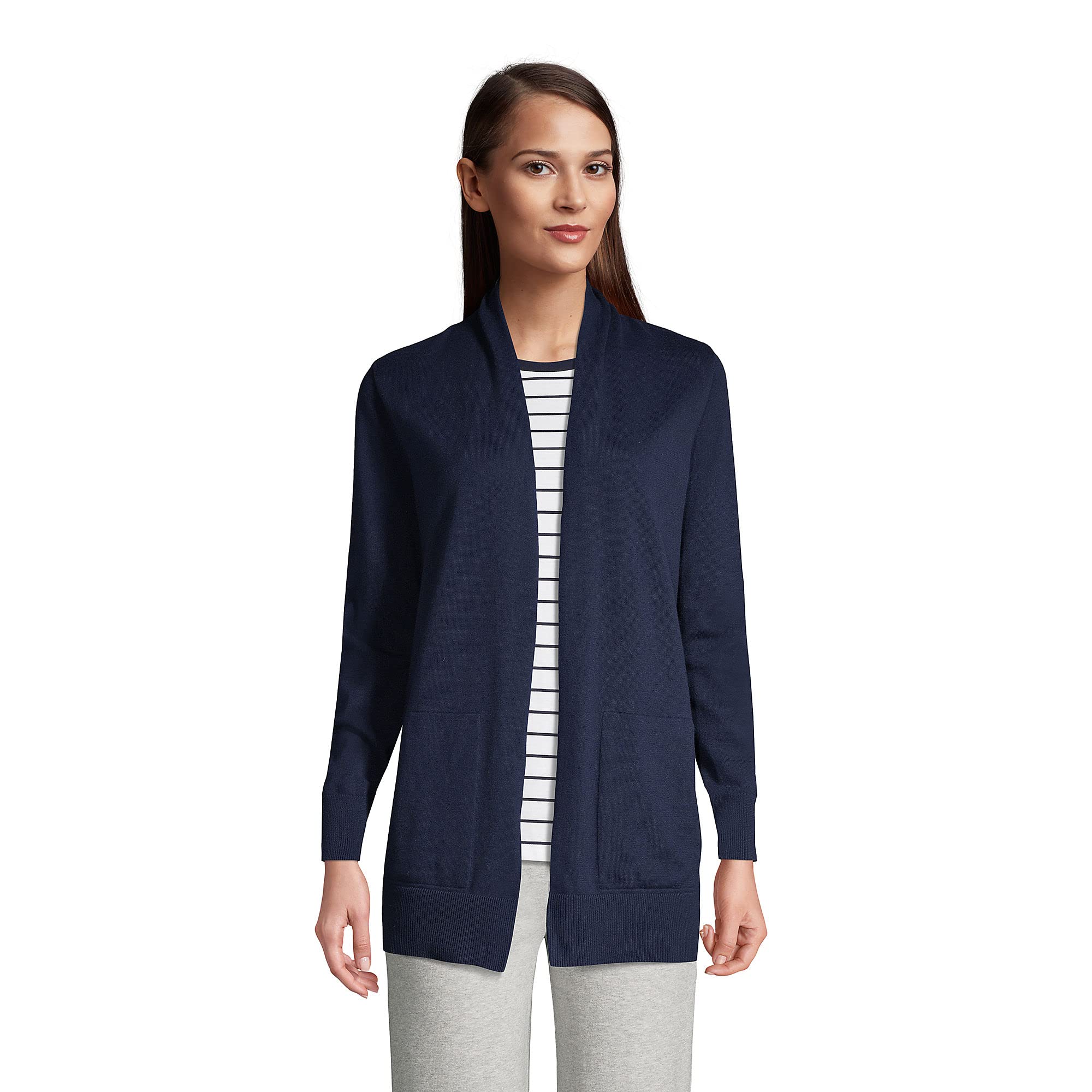 Lands' End Women's Soft Cotton Open Front Long Cardigan Sweater - Lightweight Cover-Up for Work, Travel & Casual Outfits