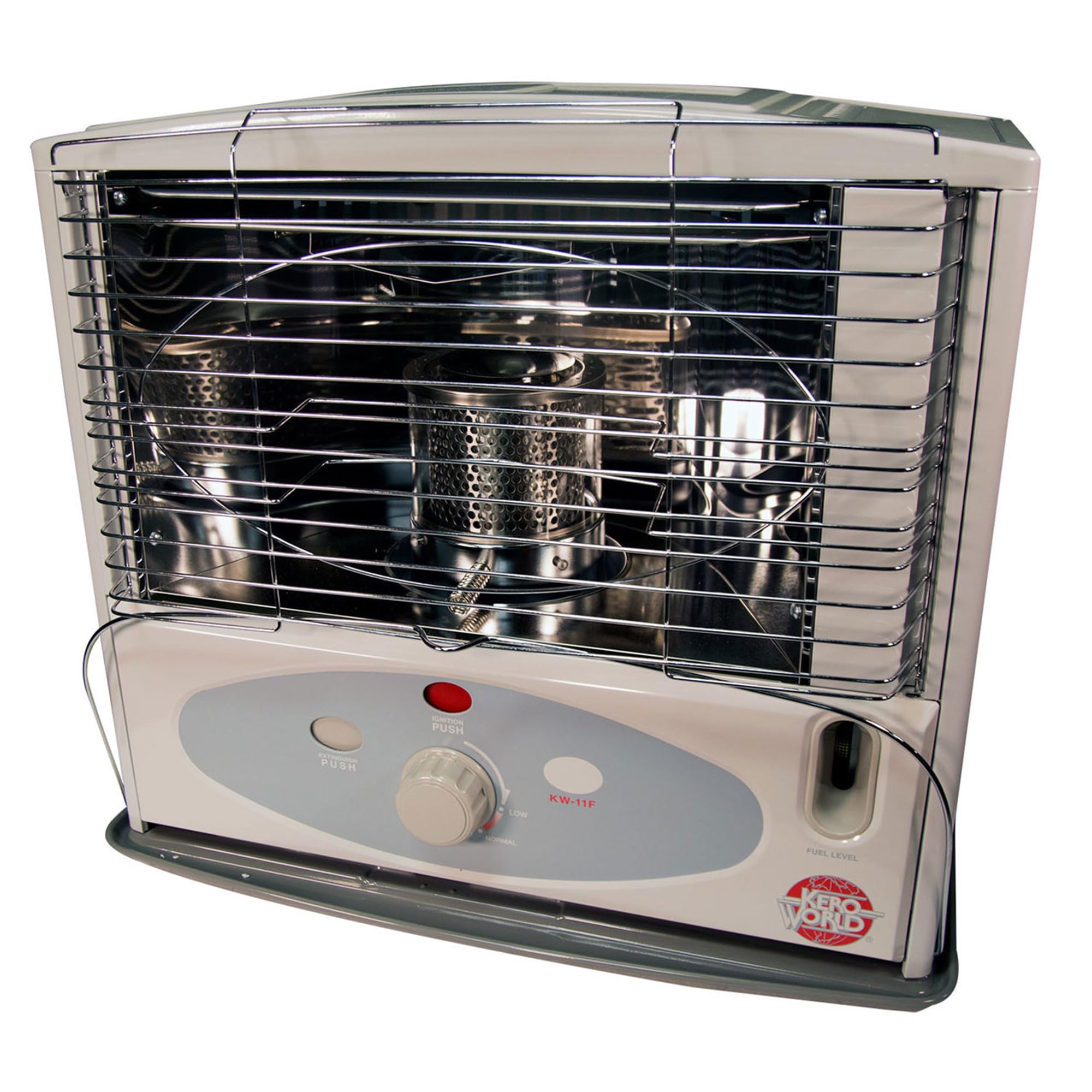 Kero World 10,000 BTU Portable Kerosene Heater with Glass Burner & Sure-Seat Chimney System - 1.1 Gallon Removable Fuel Tank - Indoor/Outdoor Use for Garage, Workshop, Camping & Emergency Heating - Gray