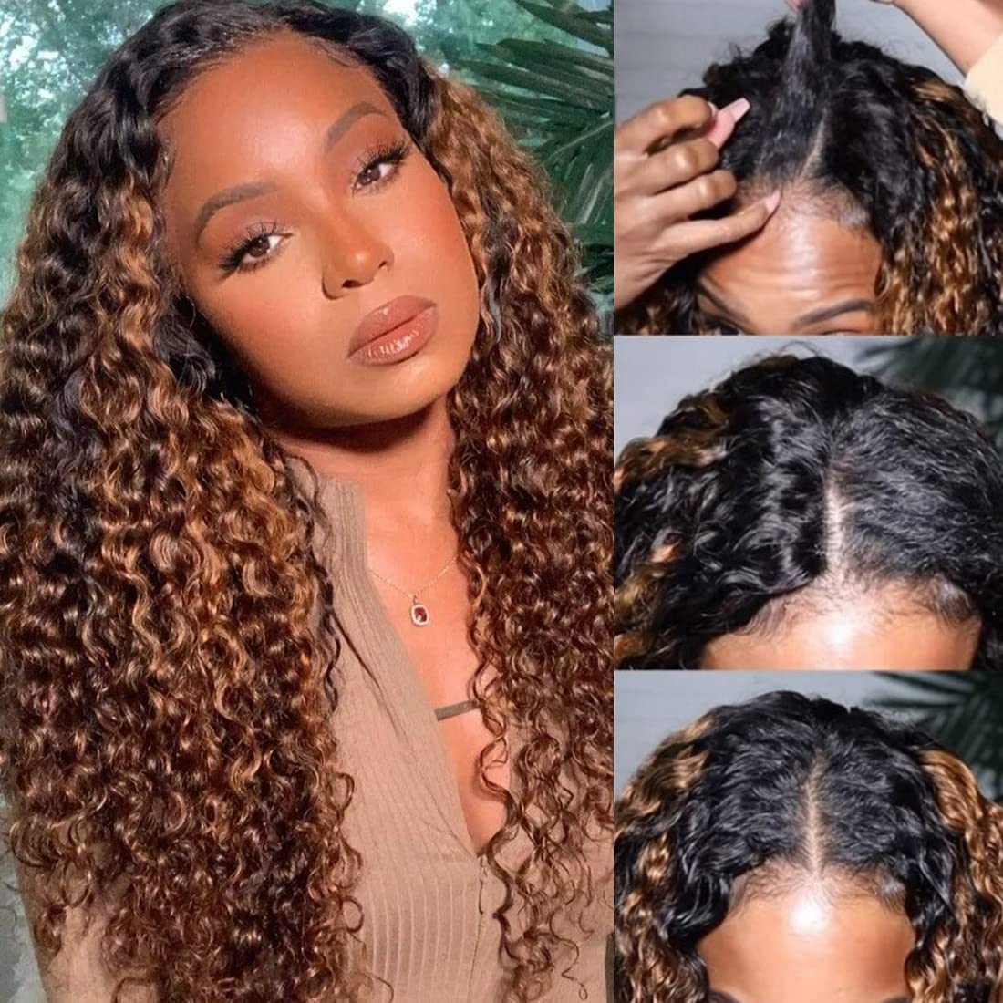 UNICE 20 Inch Human Hair V Part Wig - Curly No Leave Out Balayage Brown Highlight Glueless Clip-In Wig for Beginners (No Sew In, No Glue) | Perfect for Daily Wear, Parties & Special Occasions