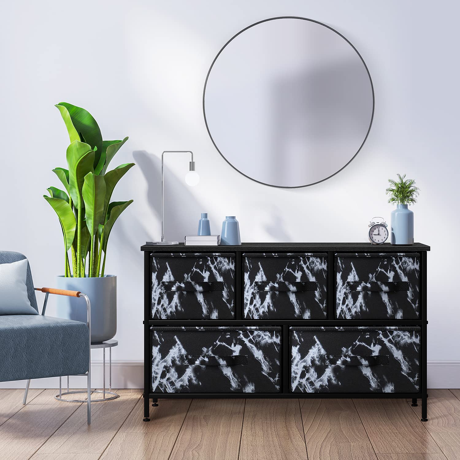 Sorbus 5-Drawer Dresser with Steel Frame & Wood Top - Fabric Bin Storage Organizer for Bedroom, Hallway, Closet & Office - Wide TV Stand with Easy Pull Drawers | Perfect for Small Space Organization & Home Decor