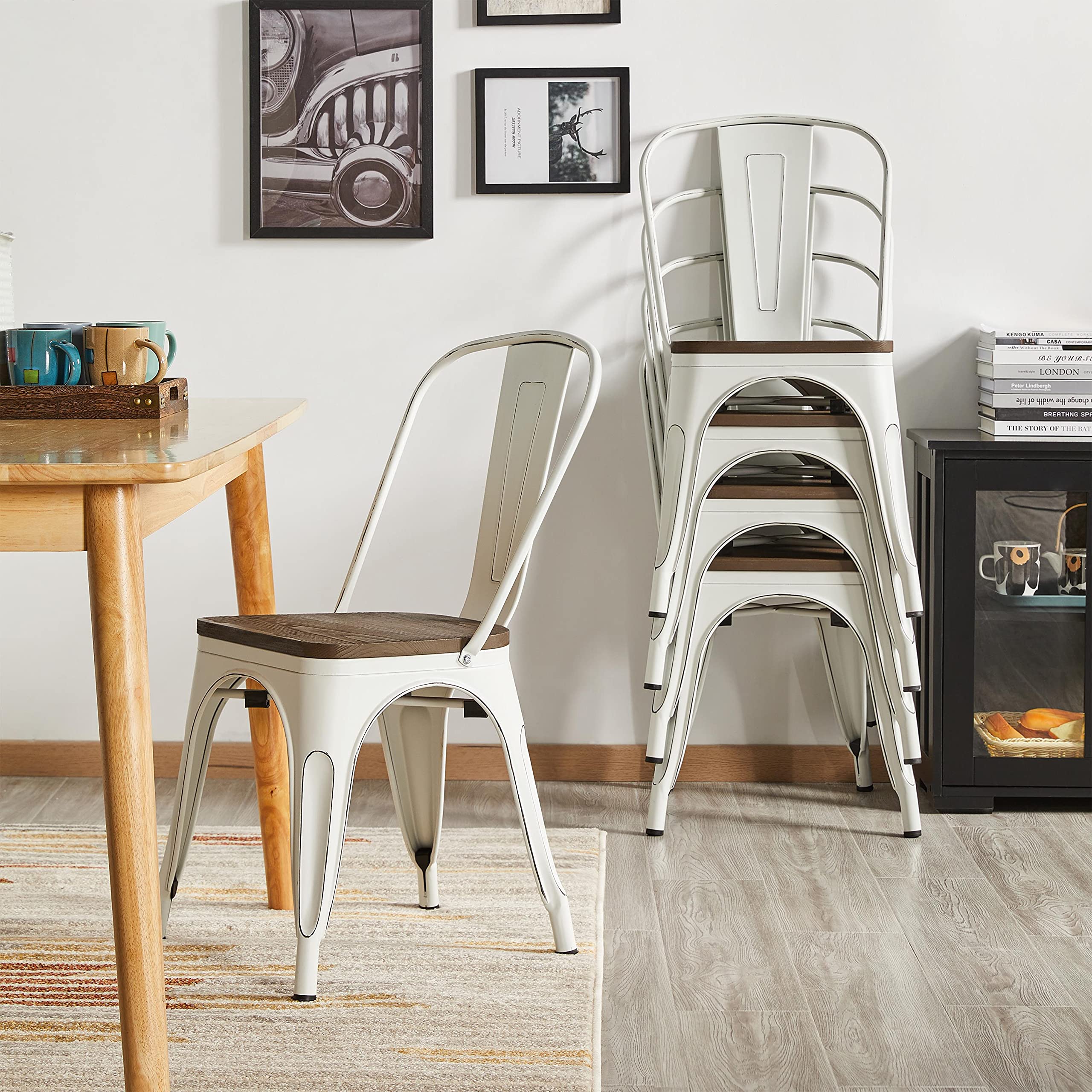 Topeakmart 4-Piece White Metal Dining Chairs Set - Stackable Indoor/Outdoor Wooden Chairs for Kitchen, Patio, Dining Room - Perfect for Home Decor, Garden Parties & Restaurant Use