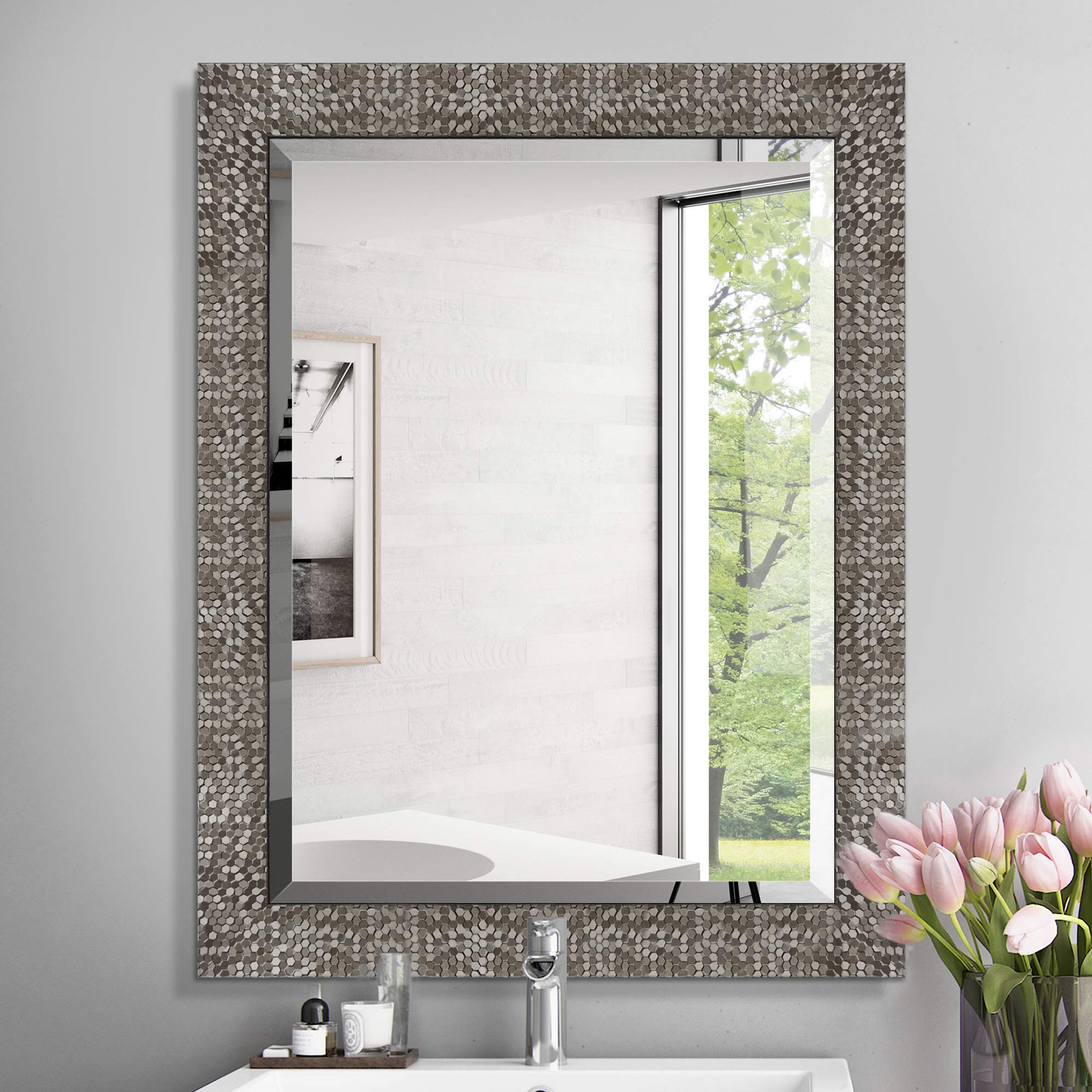 Champagne Mosaic Design Framed Wall Mirror - Large Rectangle Decorative Mirror 24x32 Inches for Living Room, Bedroom, Vanity & Bathroom - Elegant Home Decor for Modern Interiors