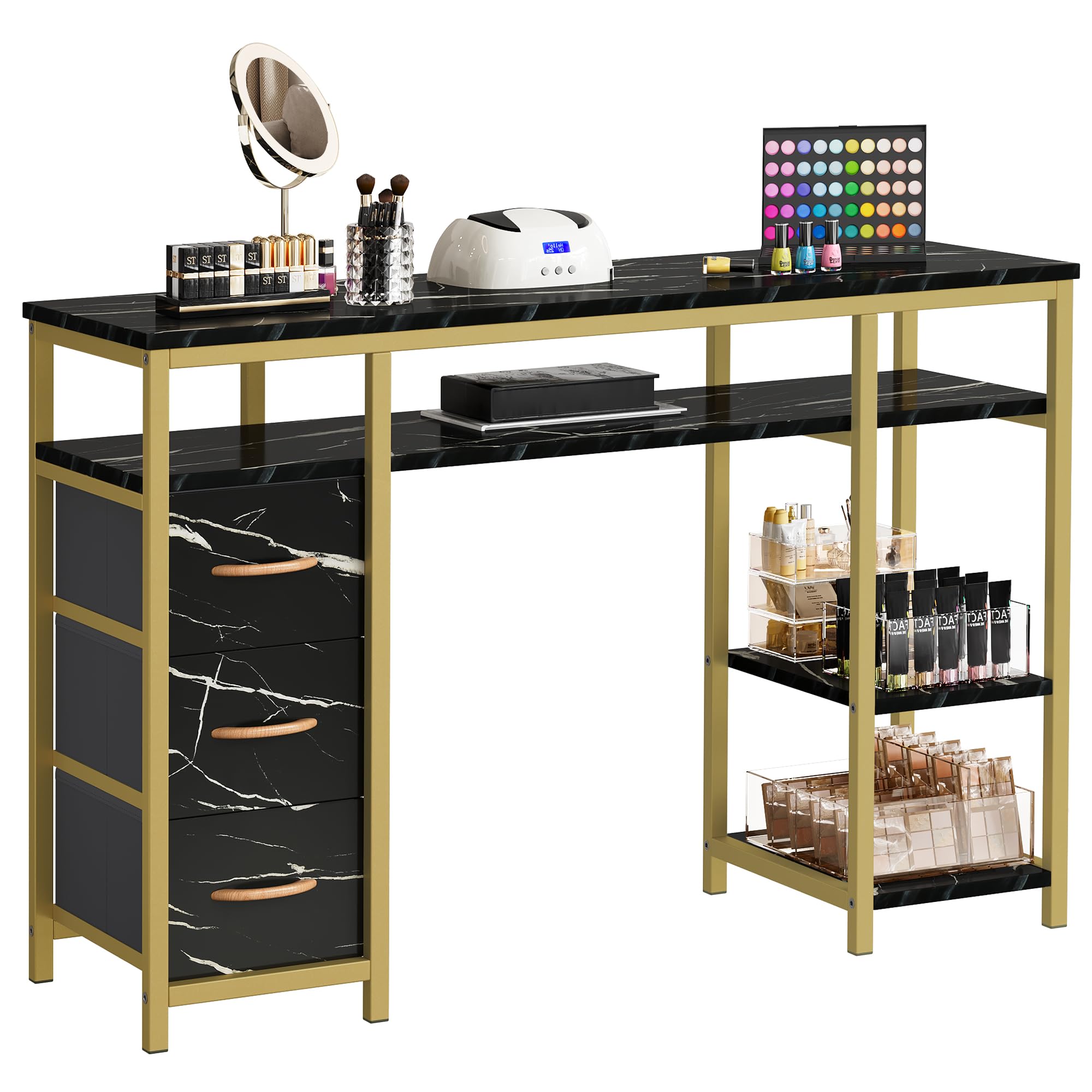 DWVO Professional Nail Desk with 3 Drawers - Marble Texture Manicure Station, Acetone-Resistant Nail Tech Table for Salon & Spa - Perfect for Nail Artists & Beauty Professionals (Black) | Ideal for Nail Extensions, Gel Polish Application & Pedicure Services