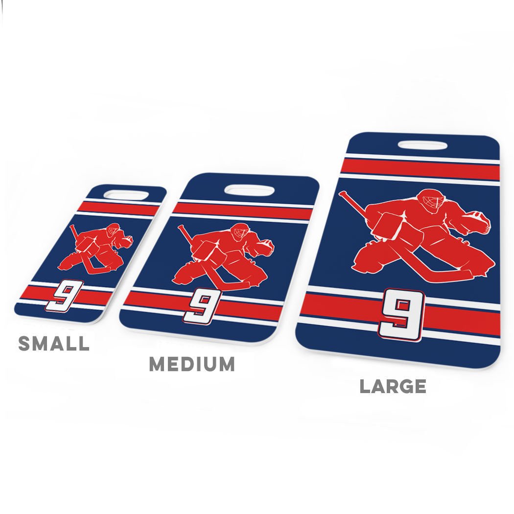 Personalized Hockey Goalie Luggage Tag with Number - Large Navy & Red Hockey Bag Tag with Standard Lines on Back - Perfect for Travel, Sports Gear & Hockey Equipment Identification