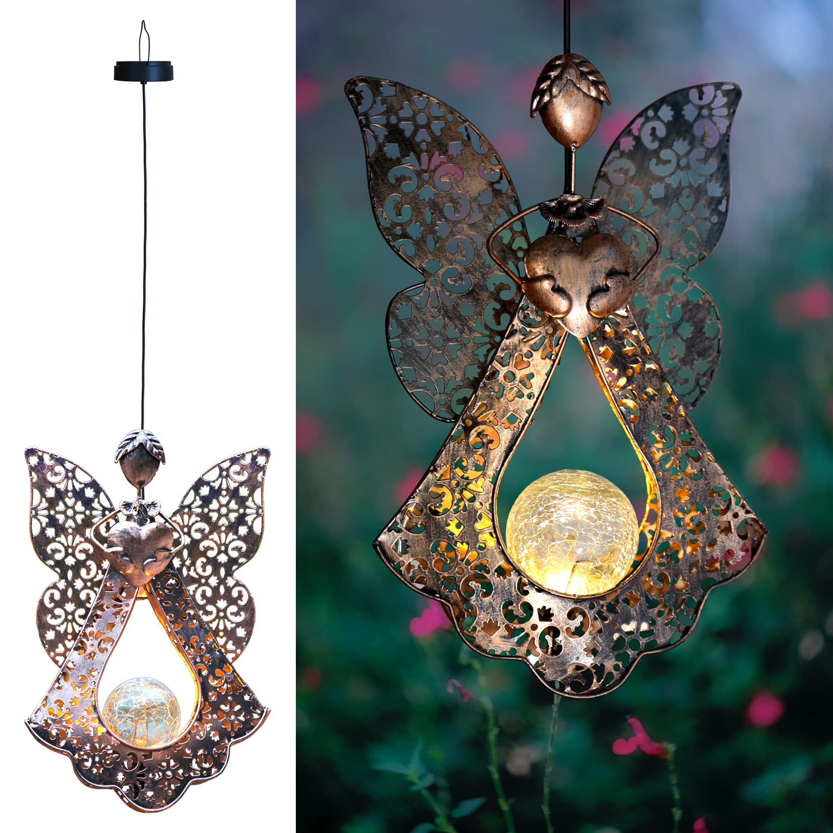 Outdoor Hanging Solar Lights - Waterproof LED Solar Lantern with Crackle Glass Globe & Metal Angel Design for Porch, Patio, Yard, Garden - Perfect for Memorial Gifts, Evening Ambiance & Landscape Lighting