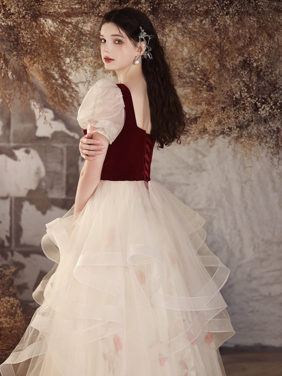 Elegant A-Line Tulle Velvet Burgundy and Champagne Long Prom Dress for Sweet 16 Party, Homecoming, Quinceañera & Formal Events