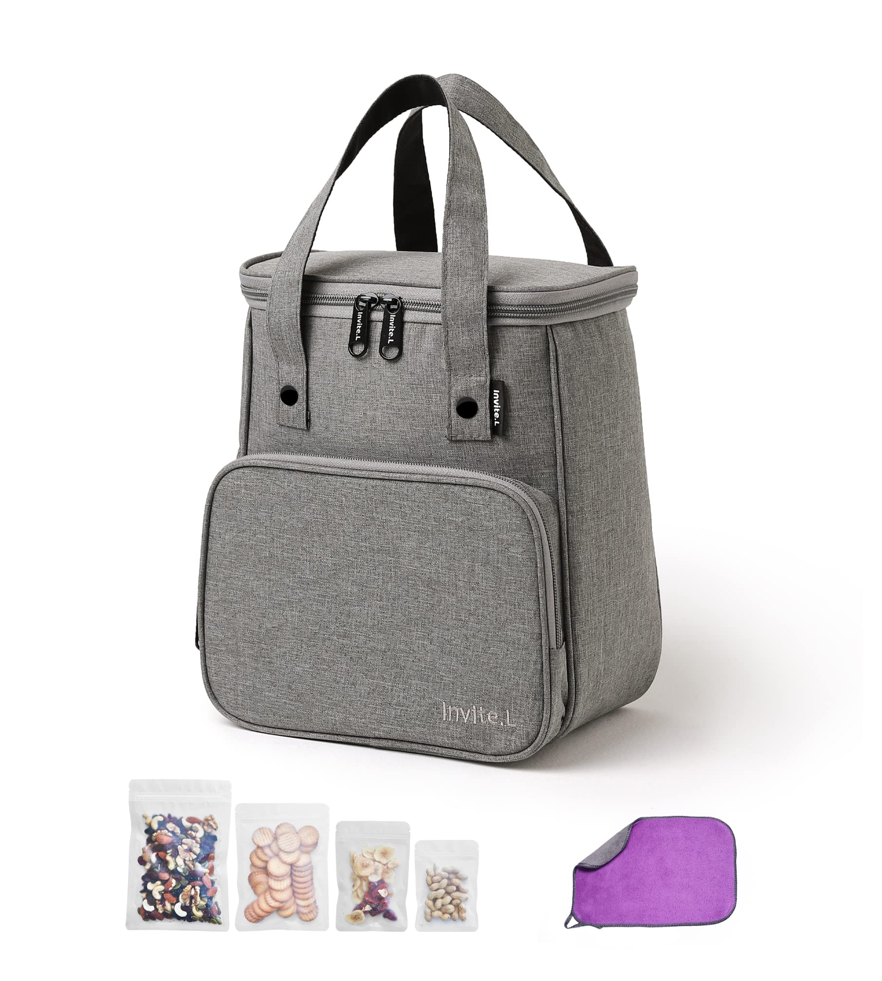 Eco-Friendly Reusable Insulated Lunch Bags Set - 8.6L Thermal Lunch Box for Women & Men with Snacks Pouch, Nut Container & Cleaning Cloth | Perfect for School, Office, Work, Picnics & Travel