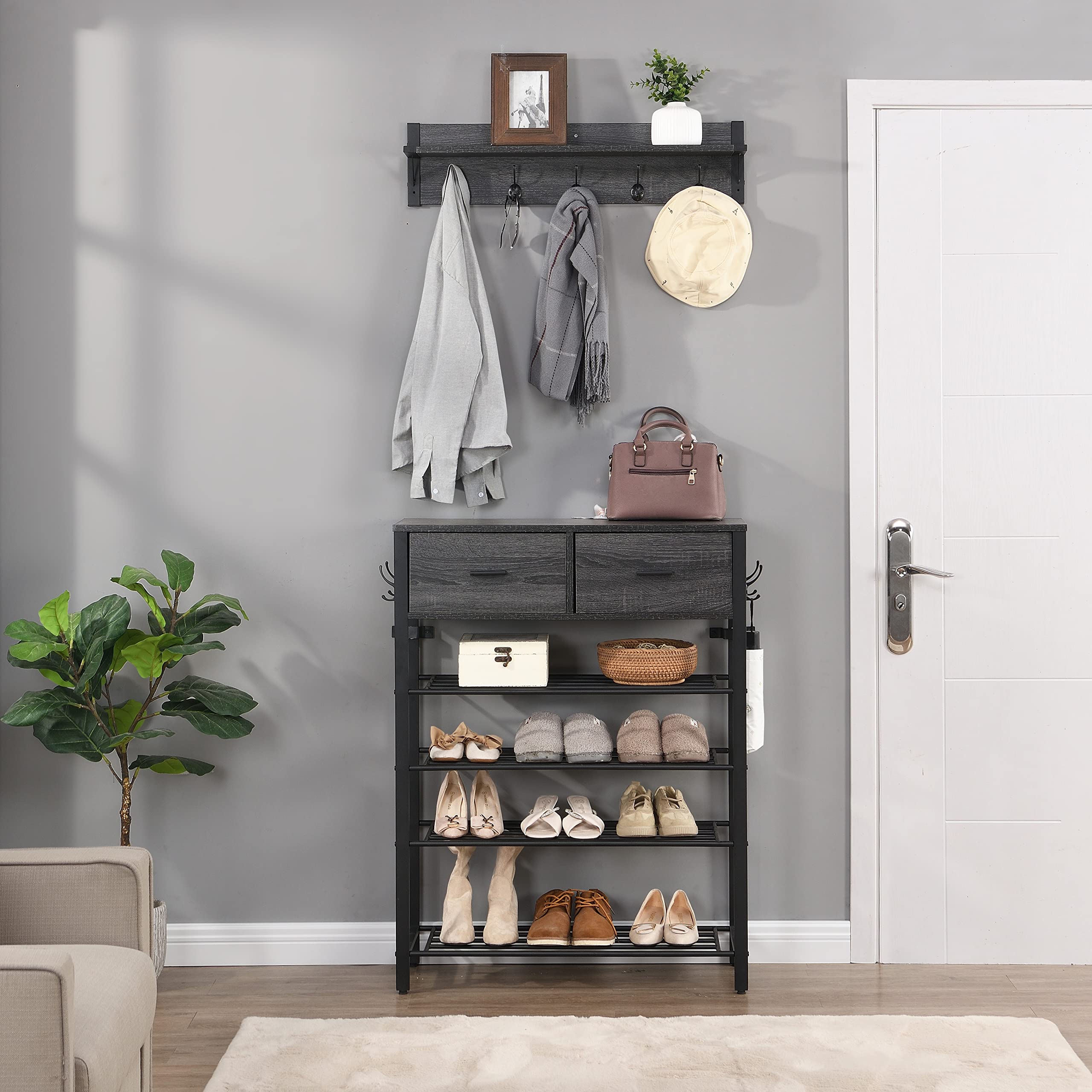 4-Tier Shoe Rack with 2 Drawers & Coat Hooks - Space Saving Entryway Organizer for Shoes, Hats & Accessories - Perfect for Hallway, Mudroom or Closet Storage Solution