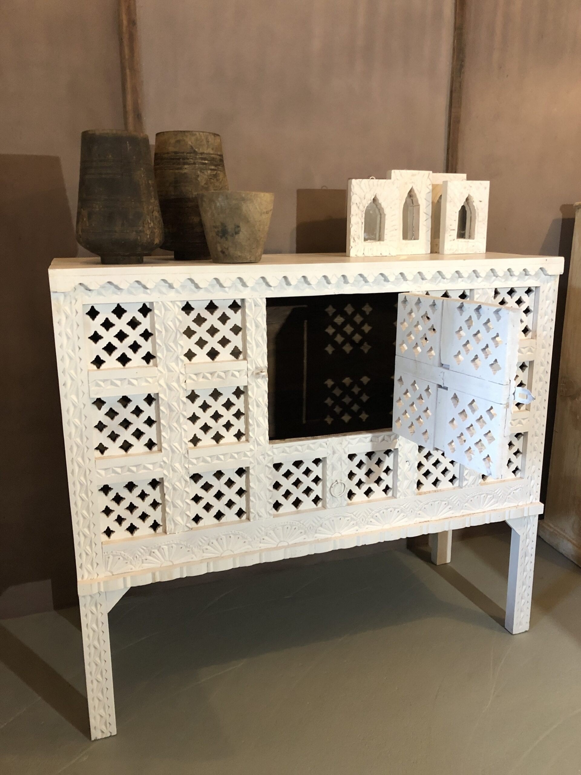 Damchiya Cupboard Djara White Jali 126x48x102 cm - Stylish Storage Cabinet for Living Room, Bedroom & Office Organization