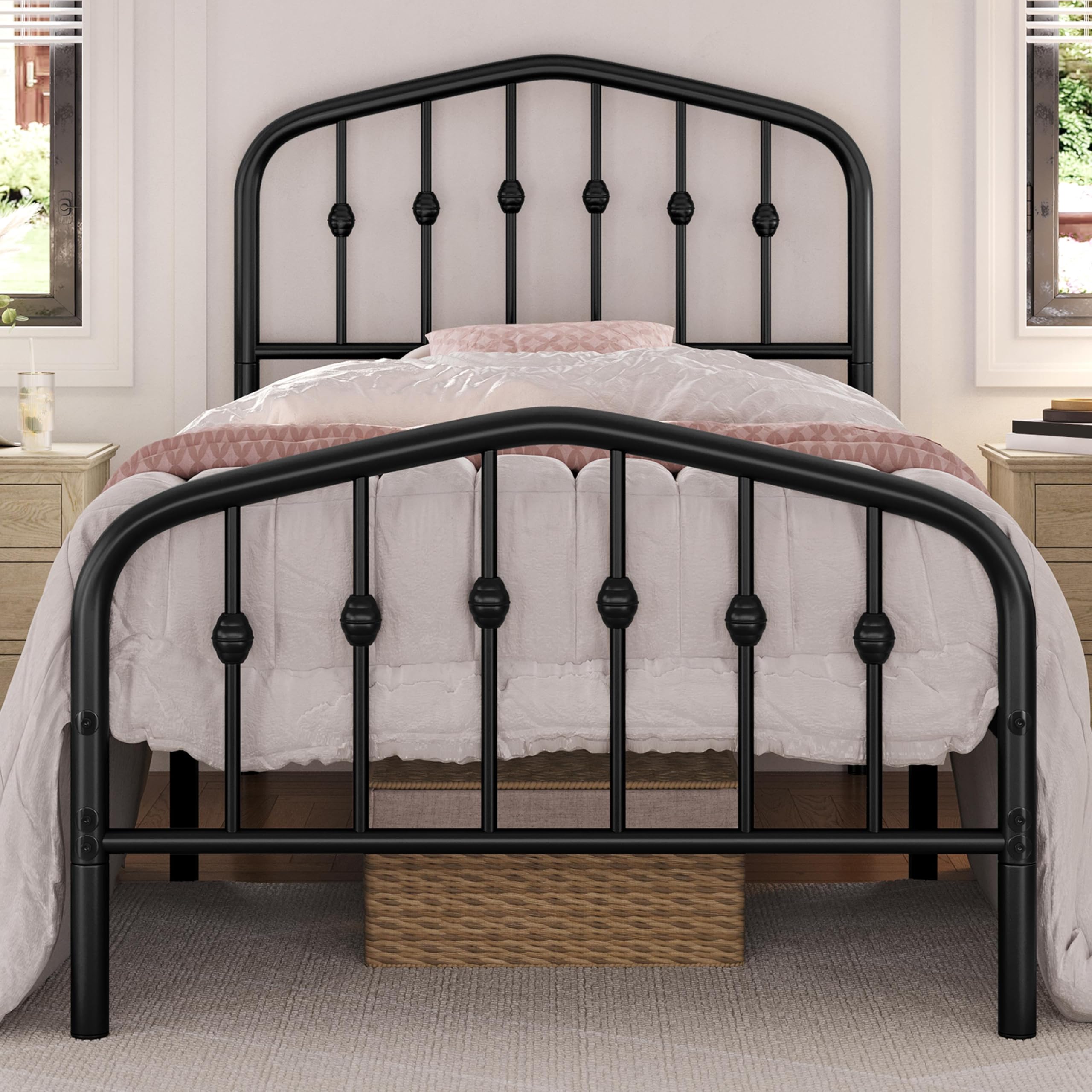 Yaheetech Twin Metal Bed Frame with Victorian Wrought Iron Headboard & Footboard - Easy Assembly, No Box Spring Required, Black Twin Size Bed - Perfect for Guest Rooms, Dorms & Victorian-Style Bedrooms