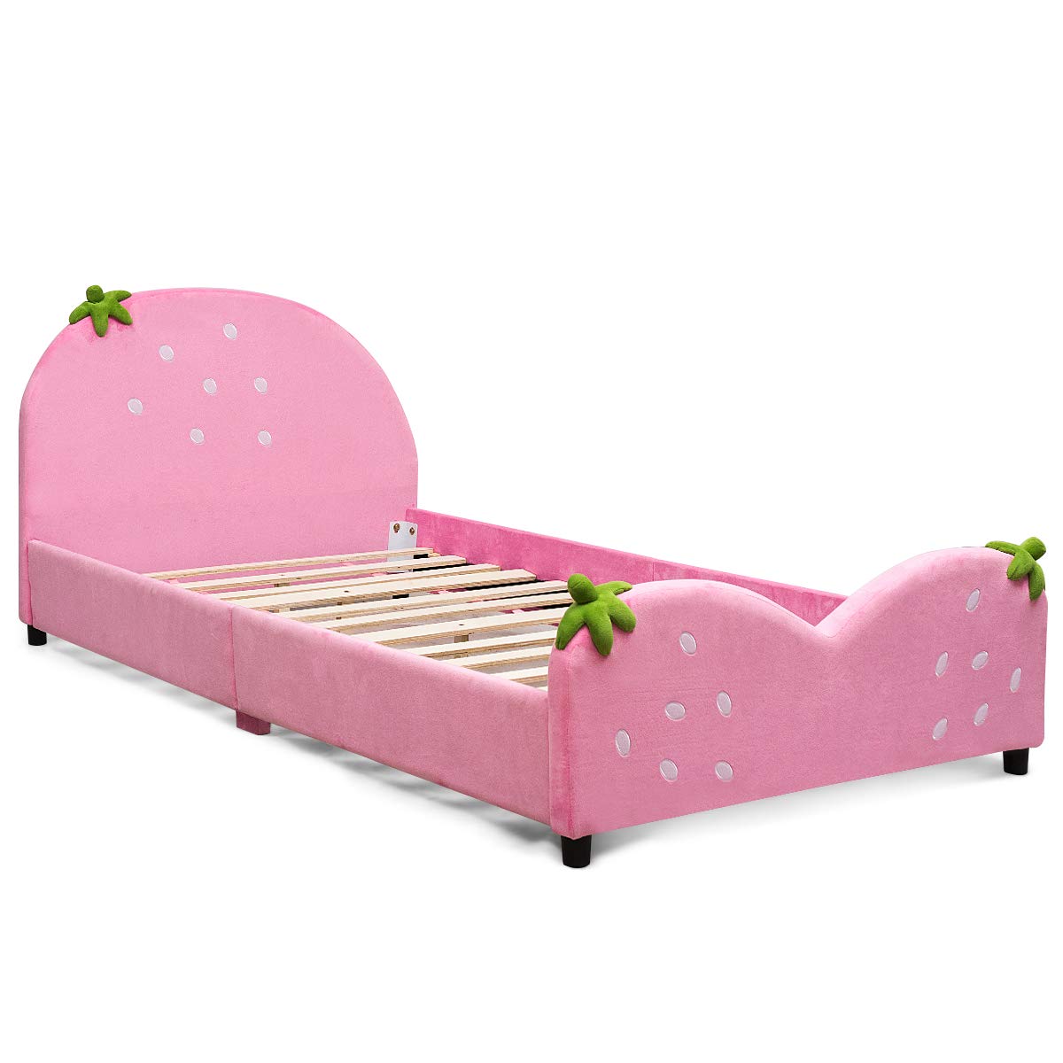 Costzon Twin Bed Frame for Kids - Wooden Upholstered Platform Bed with Slat Support, Padded Headboard & Footboard | No Box Spring Needed | Easy Assembly | Fits Standard Twin Mattress (Strawberry Red) | Perfect for Kids' Bedrooms, Dorm Rooms & Guest Rooms