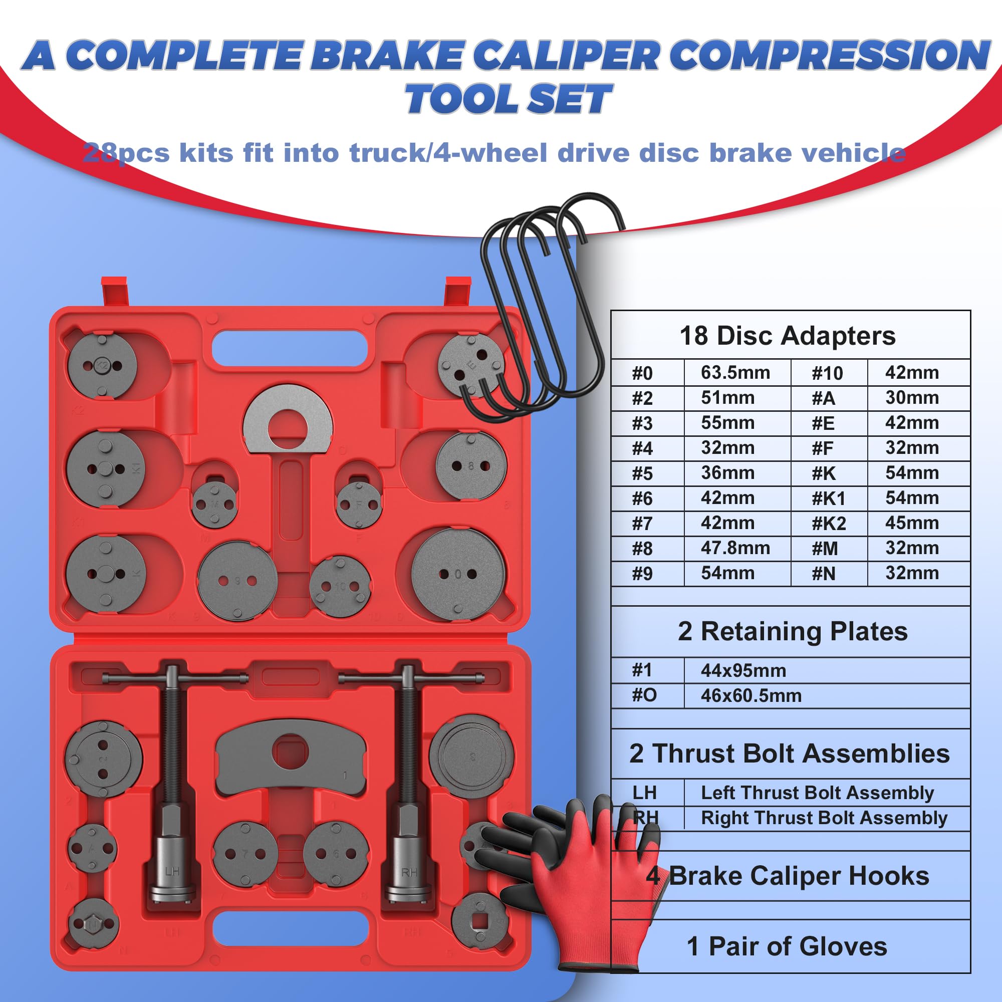 Heavy Duty Universal Disc Brake Caliper Piston Compressor Tool Kit - 28 Piece Wind Back Set for Brake Pad Replacement with Hanger Hooks | Perfect for DIY Car Maintenance & Professional Auto Repair Shops