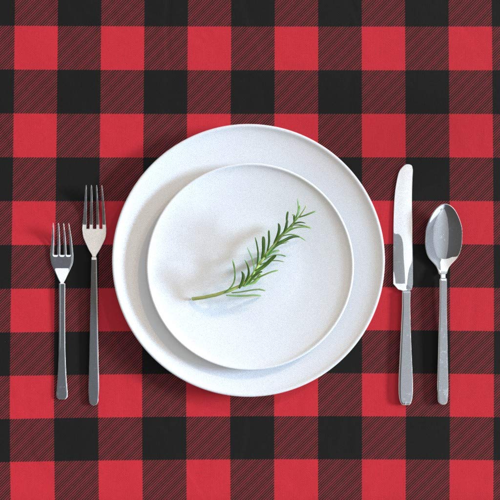 Buffalo Plaid Happy Camper Cotton Sateen Tablecloth 70x90 Inches - Red Black Check Tartan Trendy Print Custom Table Linens for Dining Room, Picnic & Farmhouse Decor