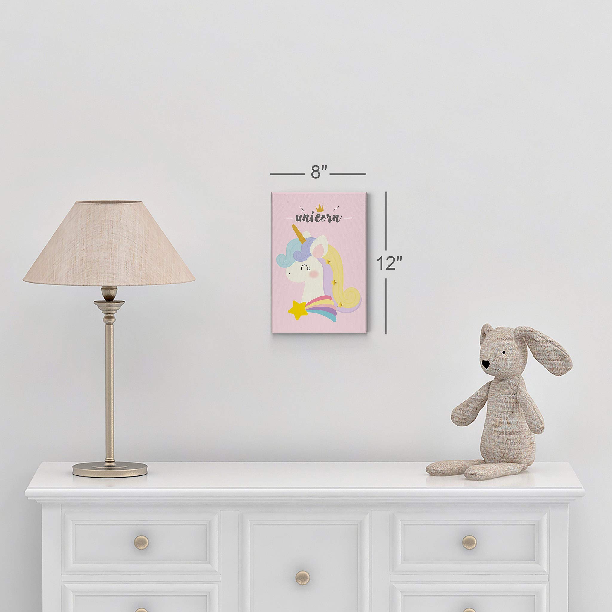 Smile Art Design Cute Unicorn Rainbow Wall Art - Pink Background Canvas Print (12x8 inches) - Perfect for Kids Room Decor, Nursery Wall Art & Baby Room Decor - Ready to Hang, Made in USA | Ideal for Birthday Gifts, Children's Bedroom & Playroom Decor