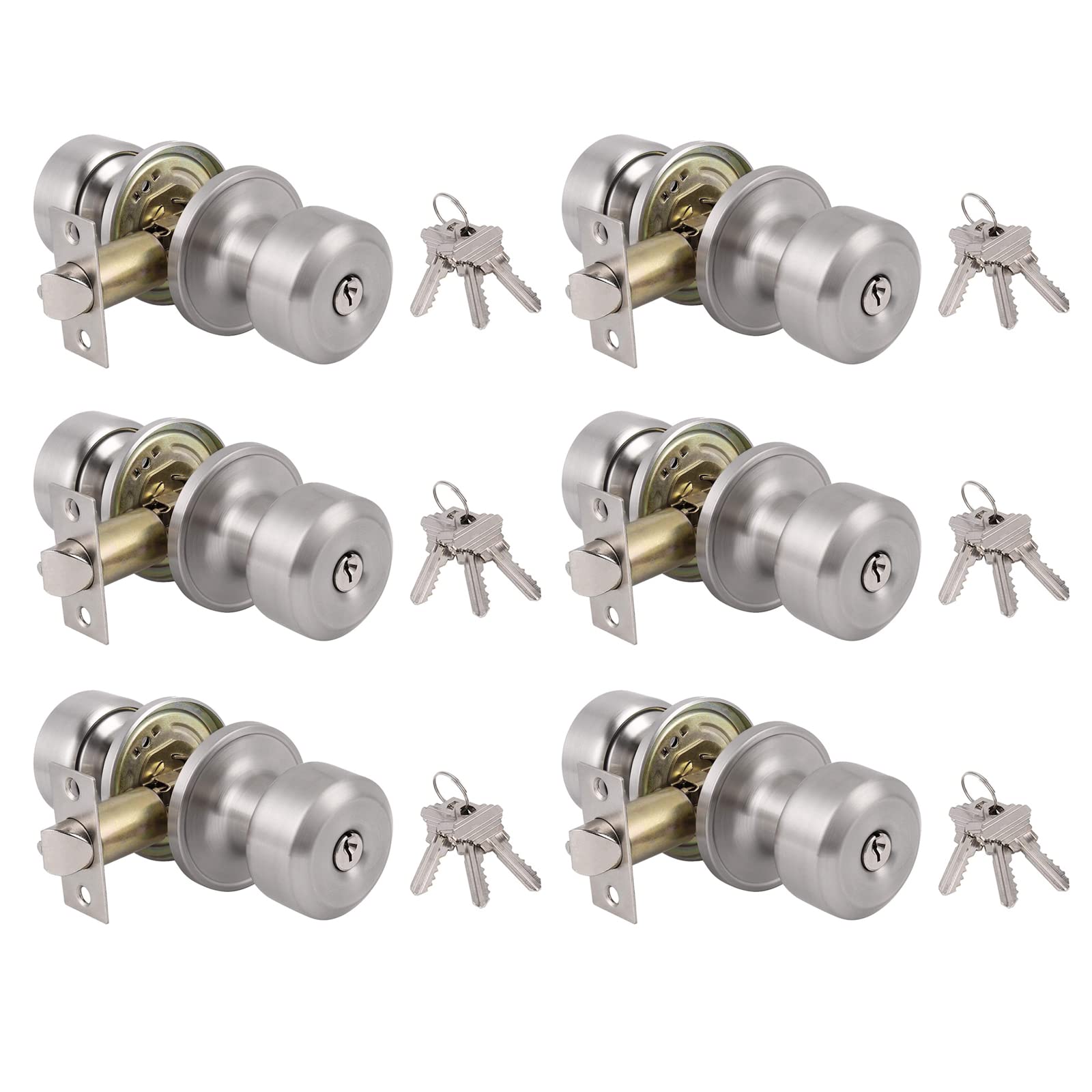 Probrico 6-Pack Keyed Alike Door Knob Locks - Brushed Nickel Finish Cylindrical Ball Handles for Interior & Exterior Doors | Modern Home Security Solution for Apartments, Offices & Rental Properties