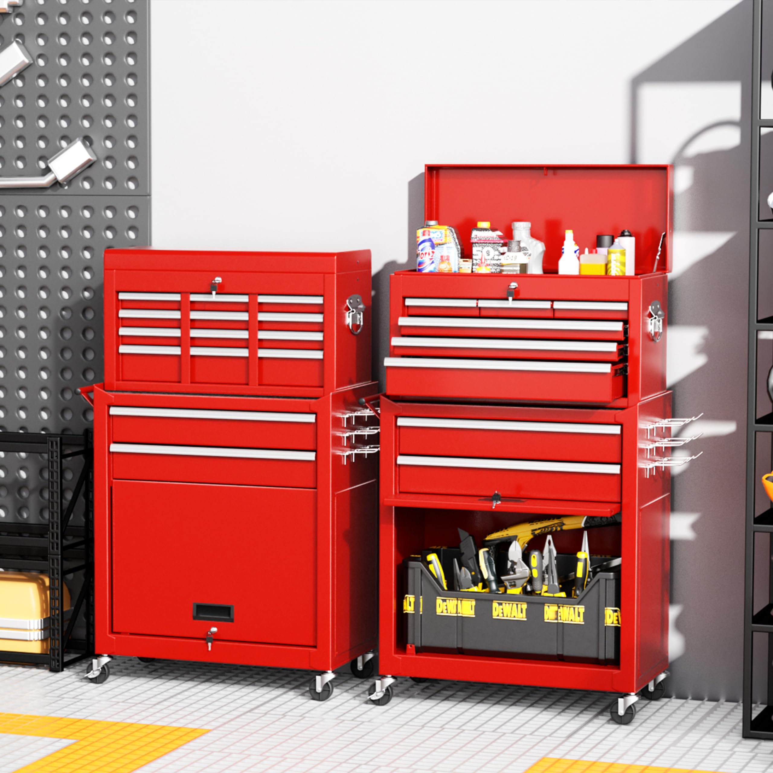 INTERGREAT 8-Drawer Rolling Tool Chest with Wheels - Heavy Duty Steel Tool Cabinet Organizer Combo for Garage, Workshop & DIY Projects | High Capacity 2-in-1 Detachable Tool Storage (Red)