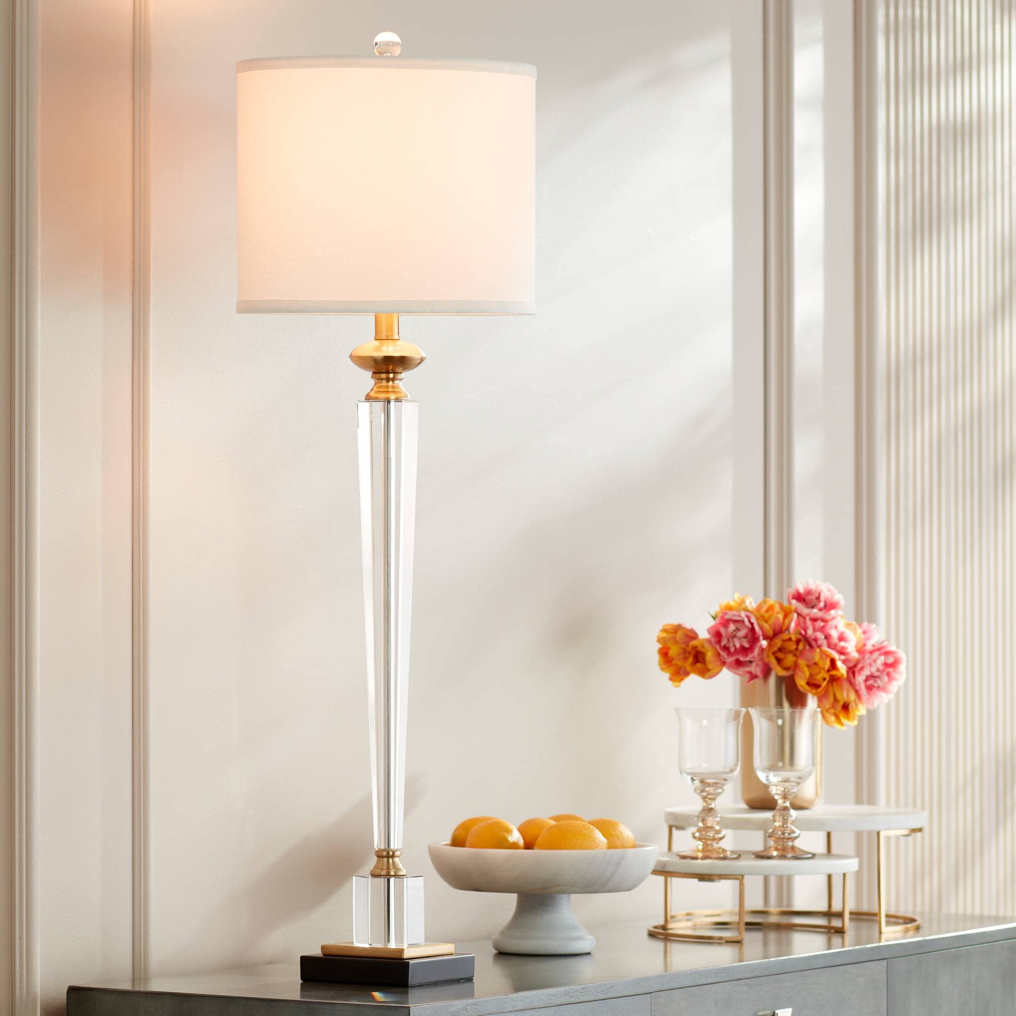 Vienna Full Spectrum Modern Table Lamps - Set of 2 Clear Crystal Glass Hexagonal Column Lamps with White Drum Shade, 38.5